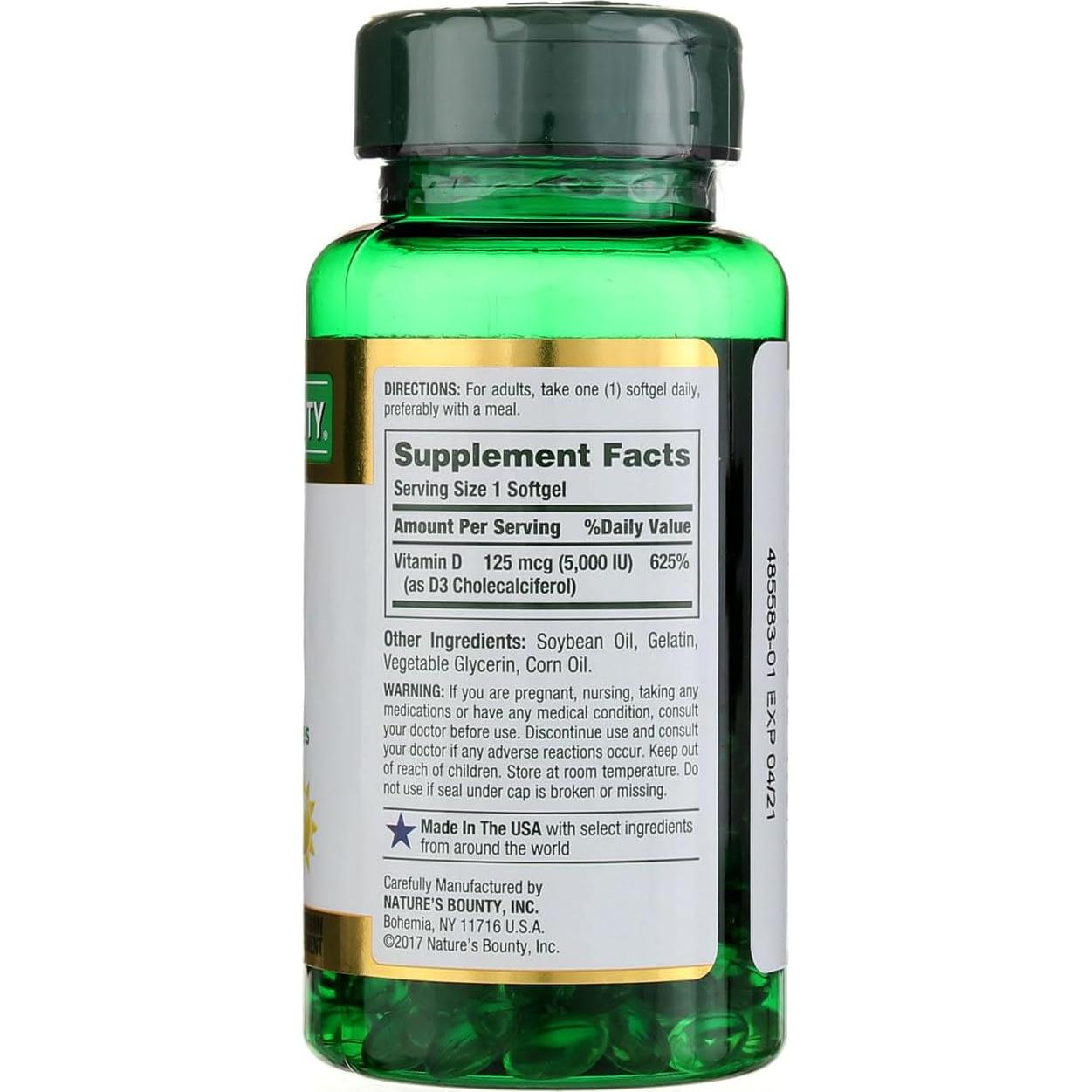 Suplemento de Vitamina D3 Nature's Bounty 5000 IU 100 Cápsulas