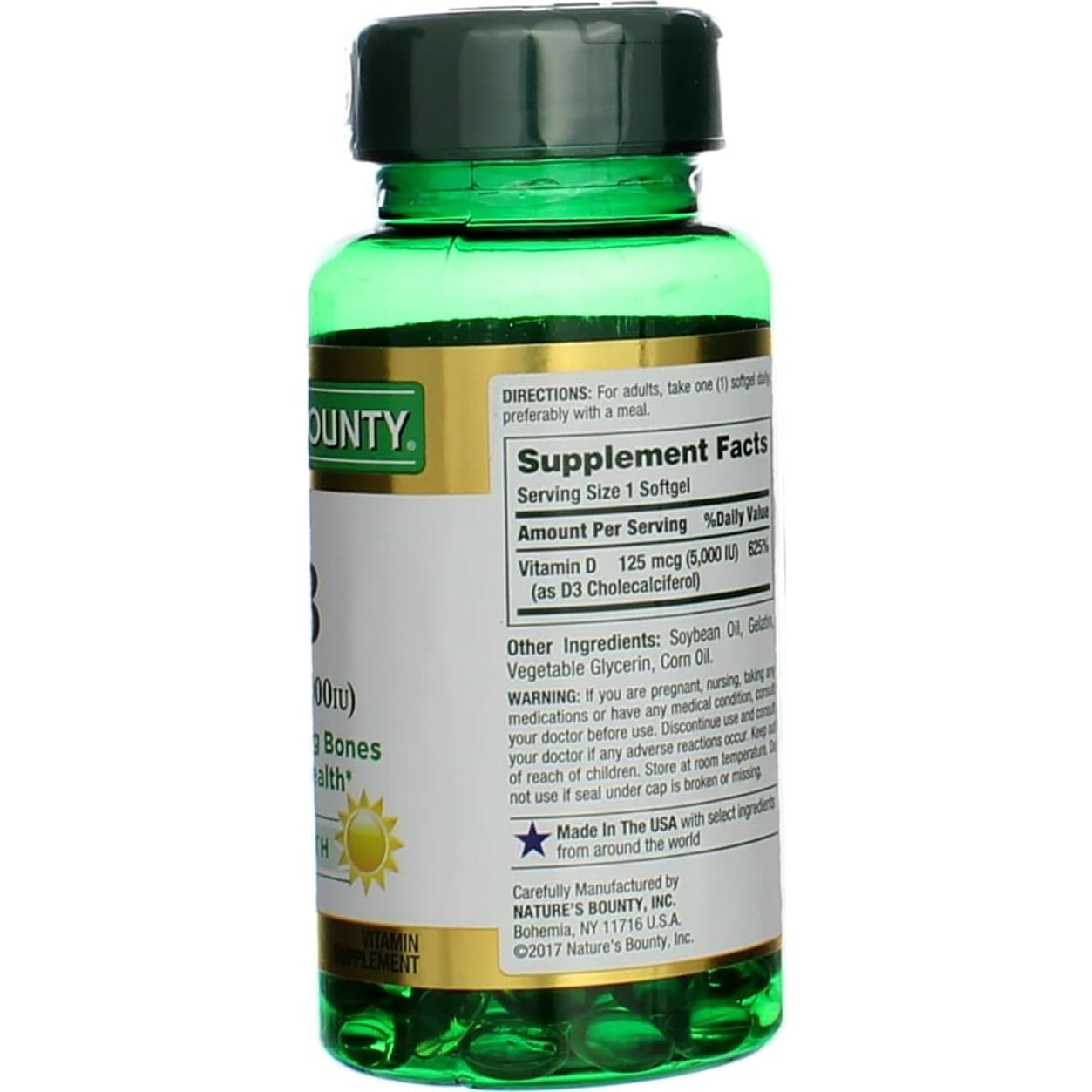Suplemento de Vitamina D3 Nature's Bounty 5000 IU 100 Cápsulas