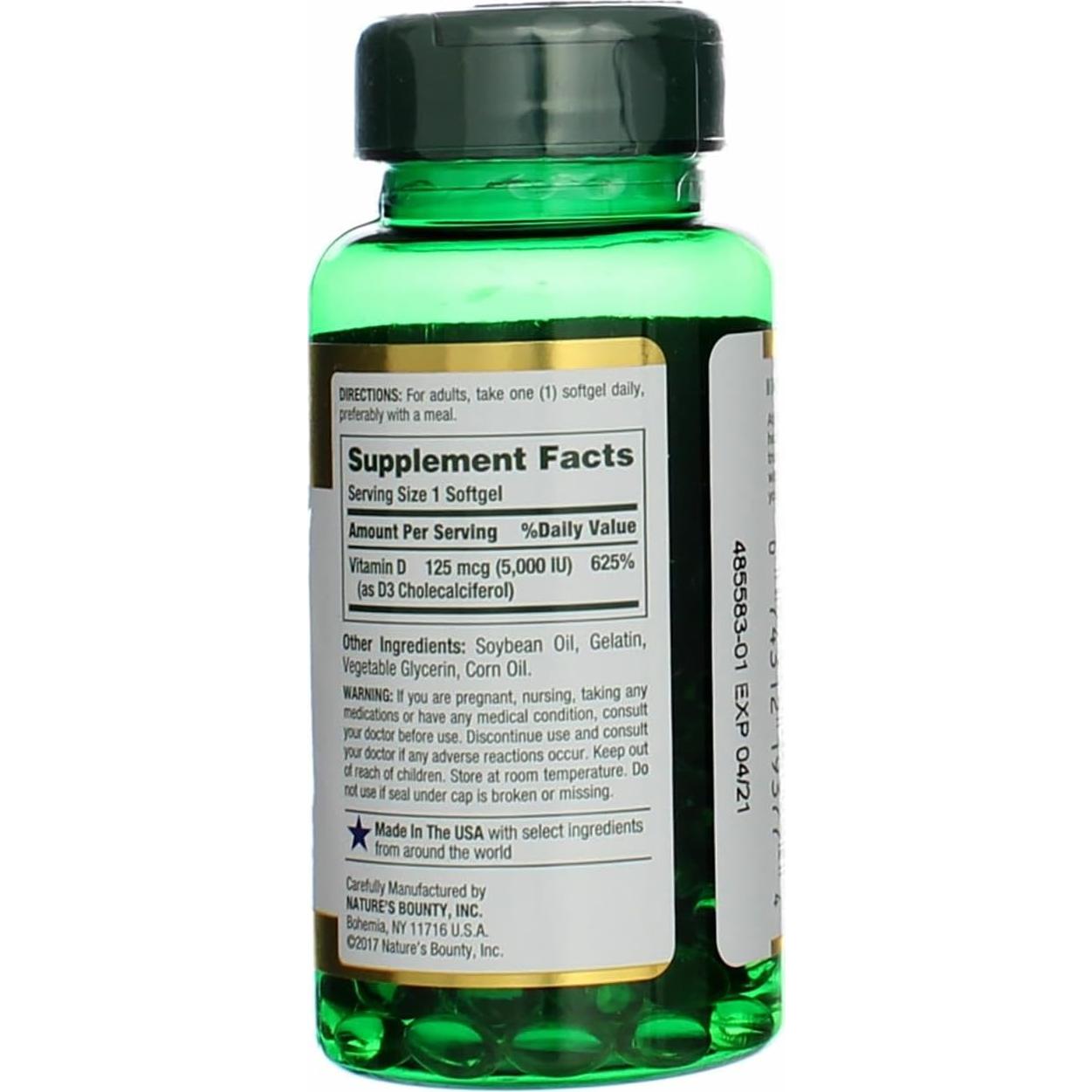 Suplemento de Vitamina D3 Nature's Bounty 5000 IU 100 Cápsulas