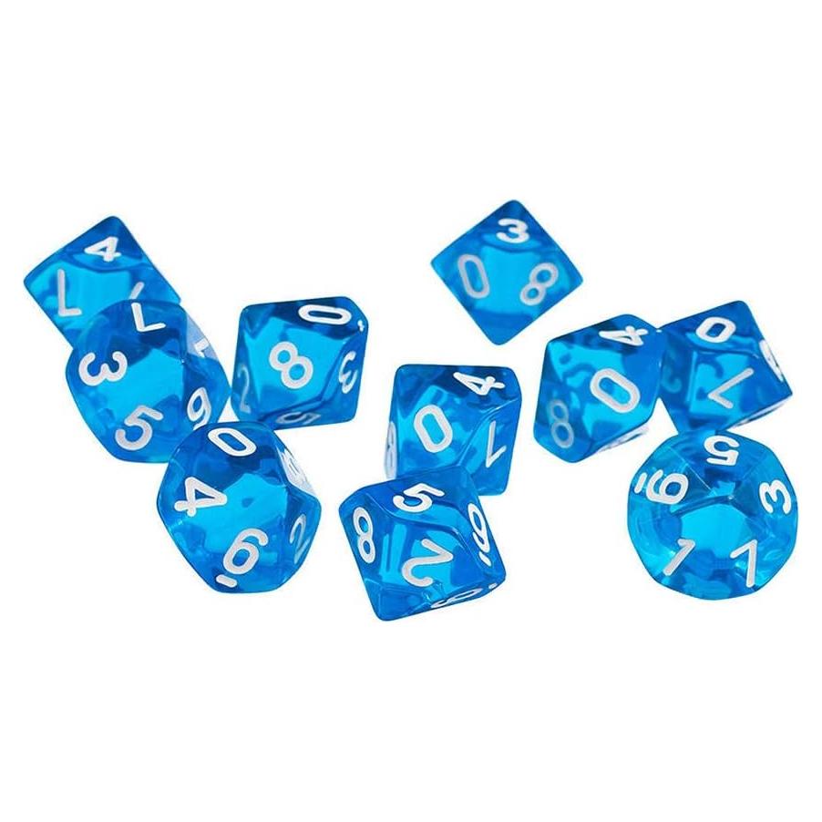 10 Dados Poliedricos D10 Acrílico 16mm Azul Transparente