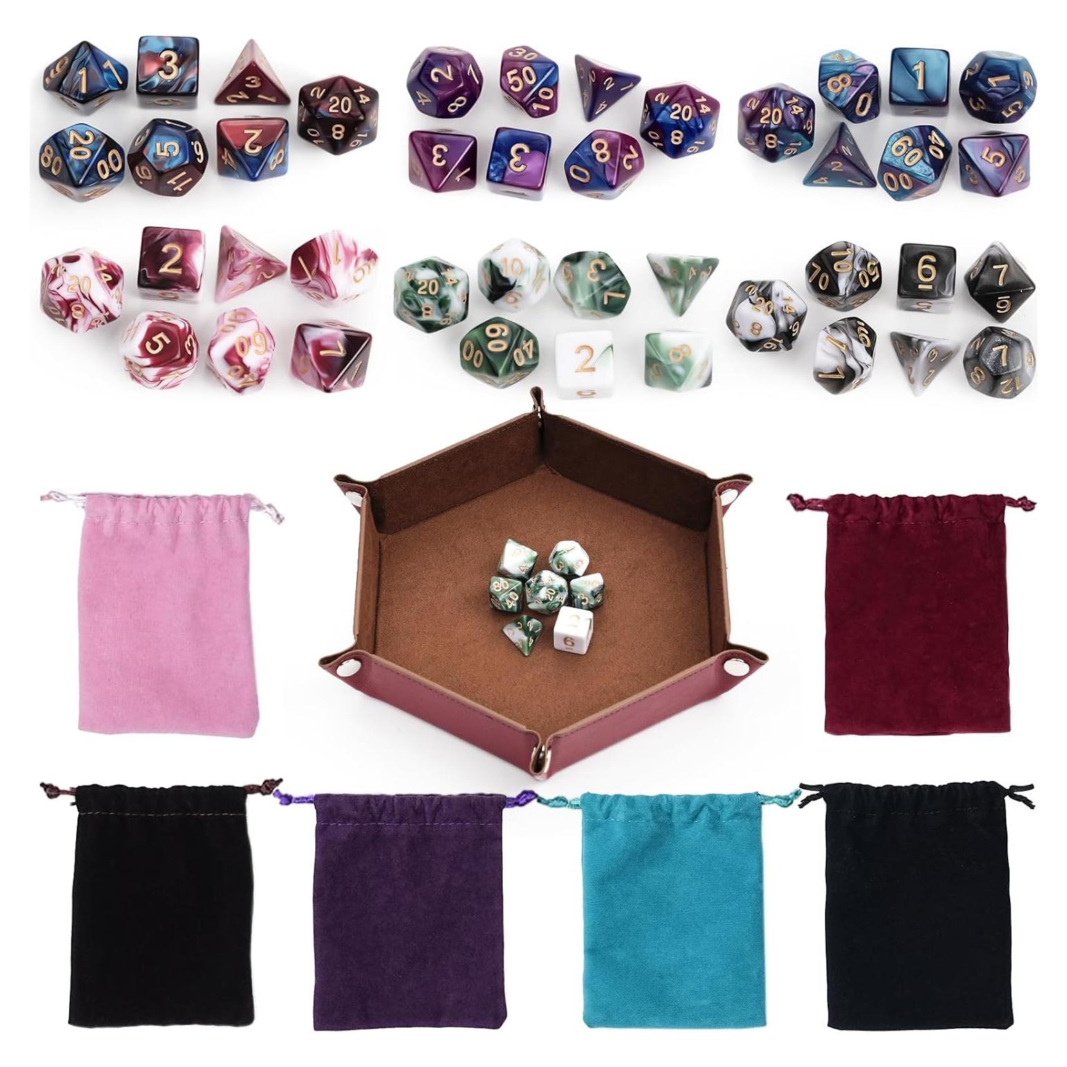 Set de Dados Poliedricos DND 42 Piezas con Bolsas y Bandeja