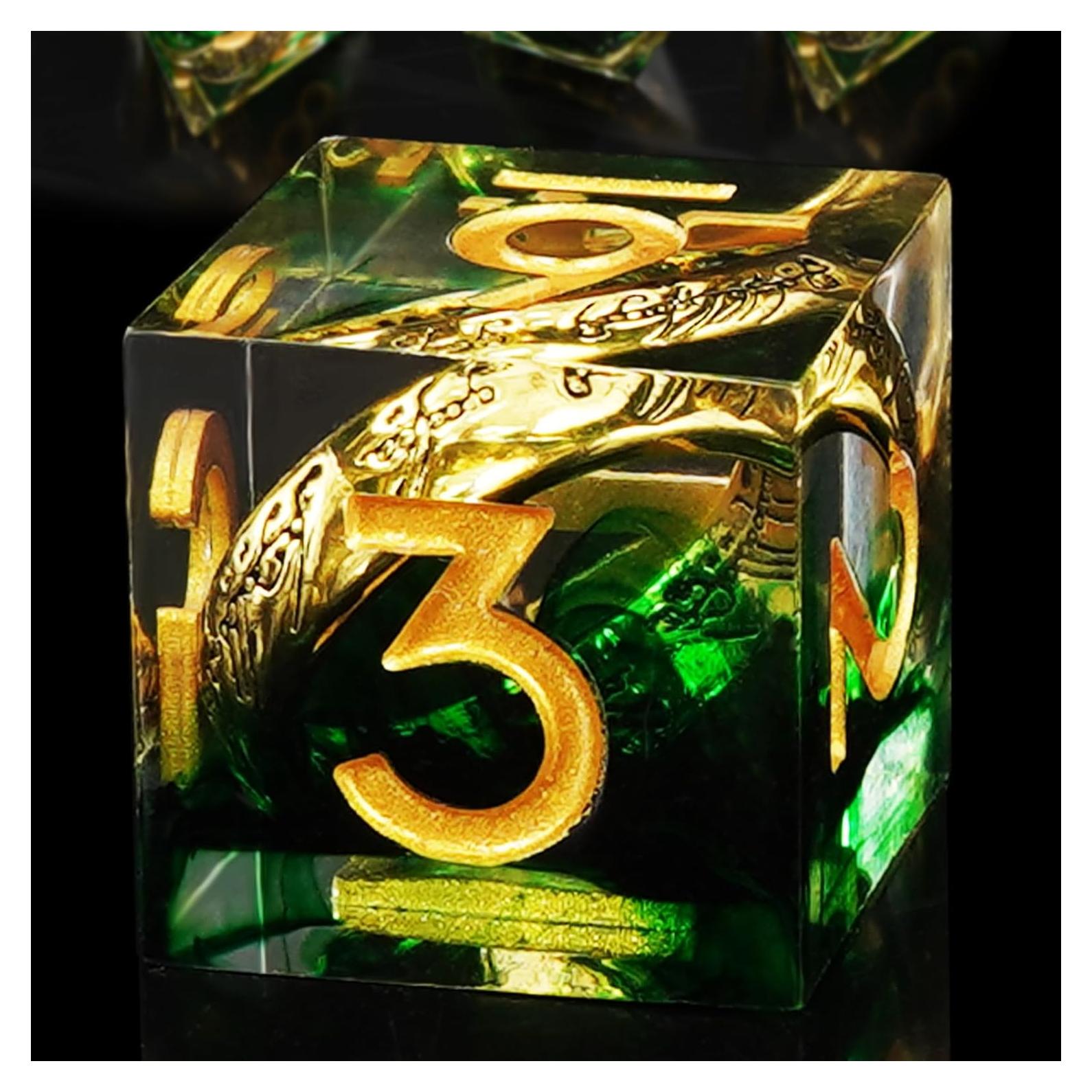 Conjunto de Dados Poliedricos EZUO 7pcs Verde Anillo Dorado