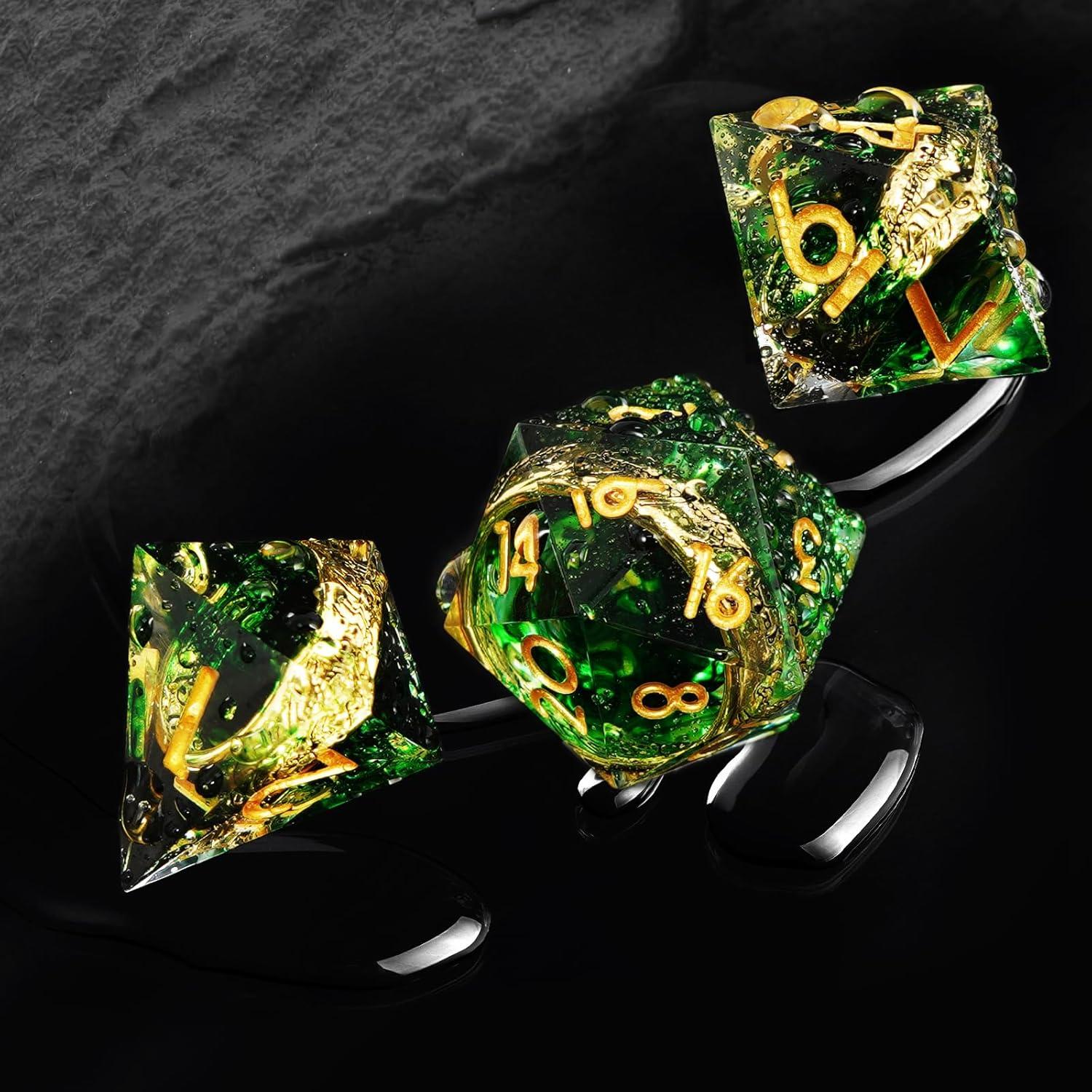 Conjunto de Dados Poliedricos EZUO 7pcs Verde Anillo Dorado