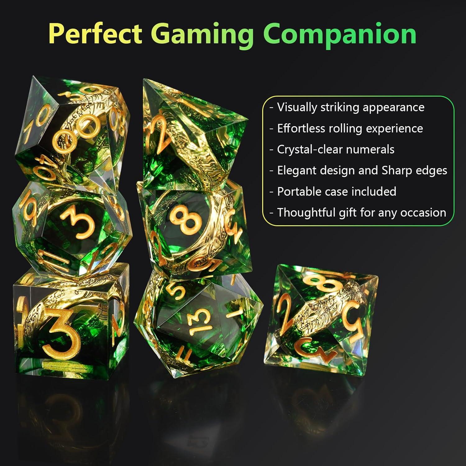 Conjunto de Dados Poliedricos EZUO 7pcs Verde Anillo Dorado