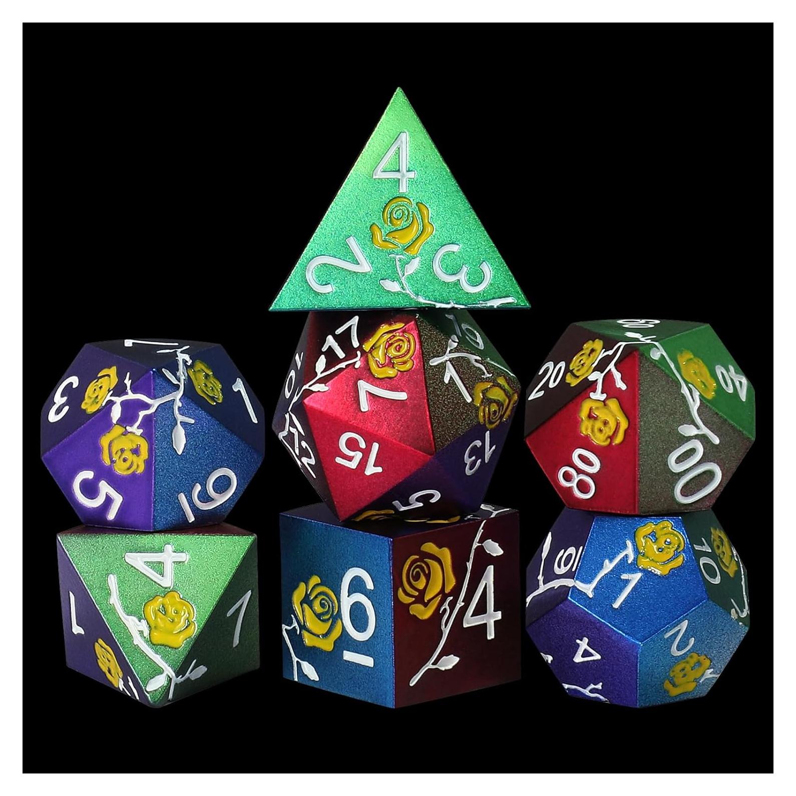 Juego de Dados de Metal Iridescentes MHJ con Rosa Amarilla 7PCS