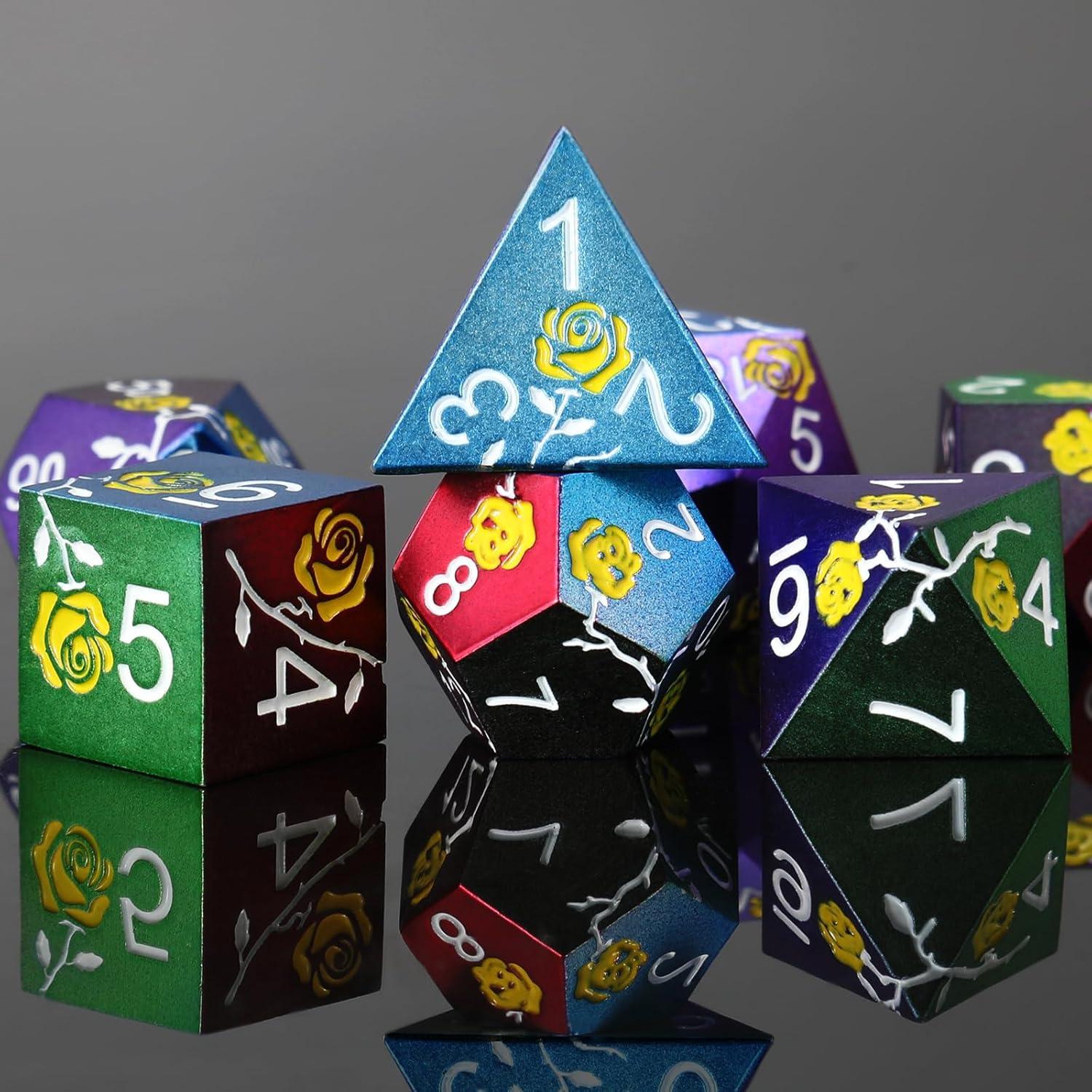 Juego de Dados de Metal Iridescentes MHJ con Rosa Amarilla 7PCS