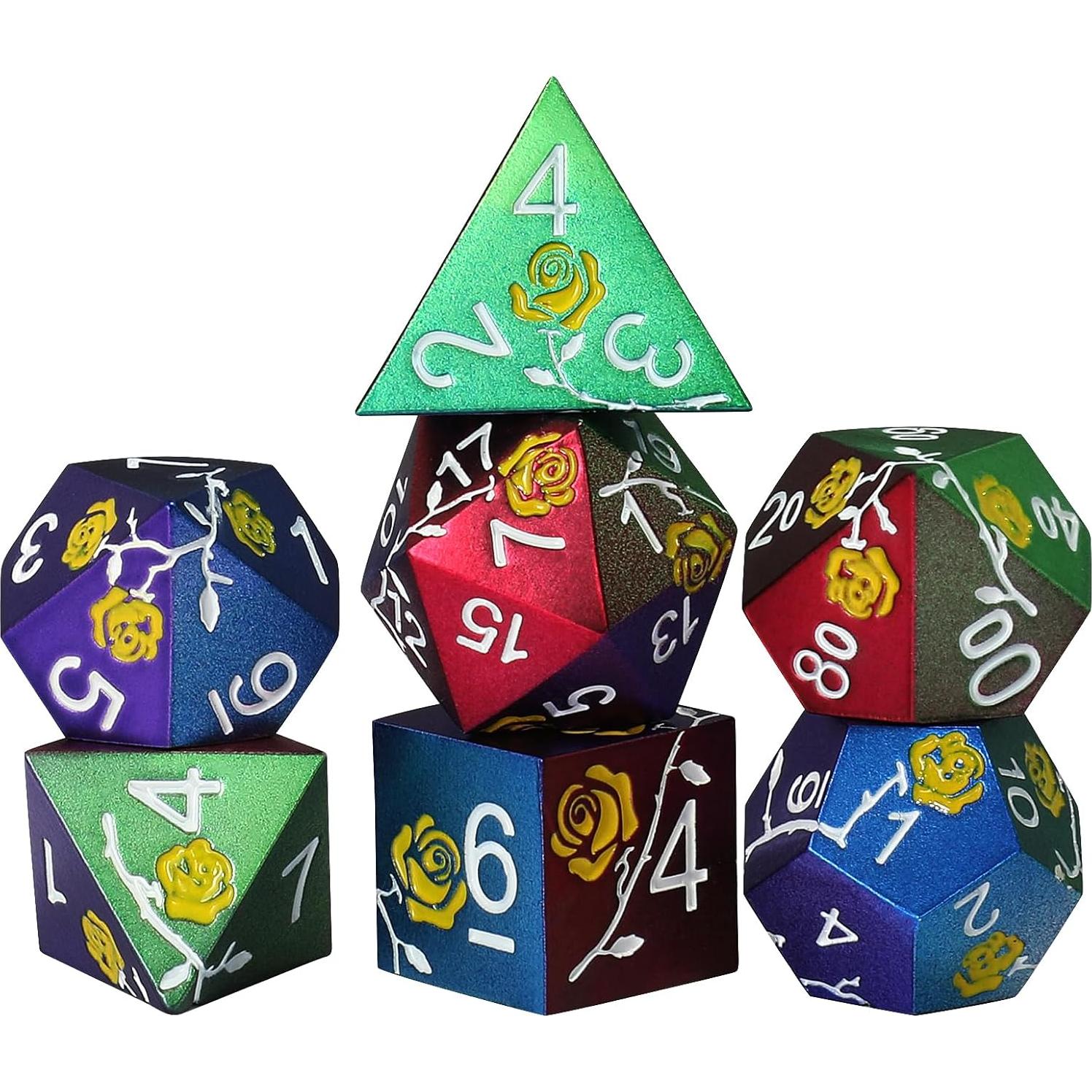 Juego de Dados de Metal Iridescentes MHJ con Rosa Amarilla 7PCS