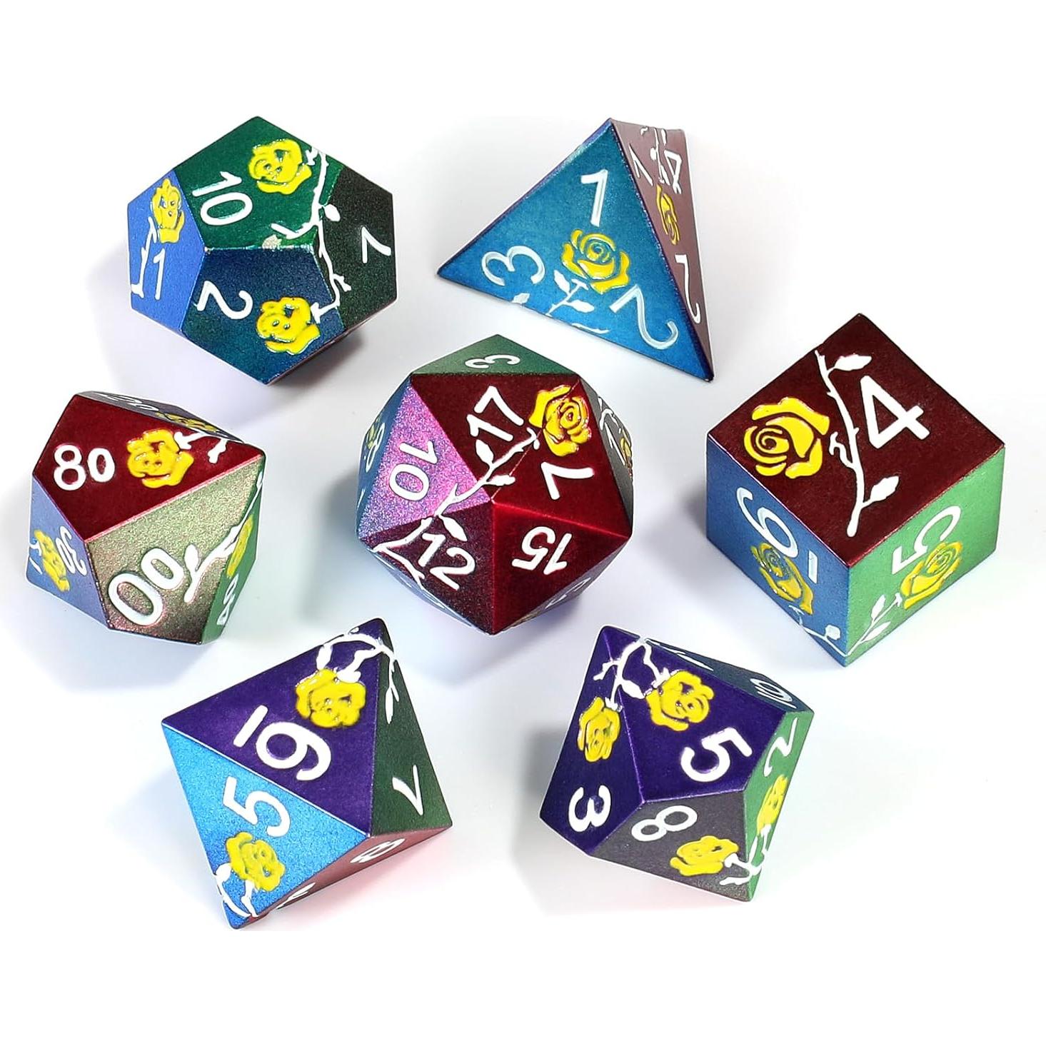 Juego de Dados de Metal Iridescentes MHJ con Rosa Amarilla 7PCS