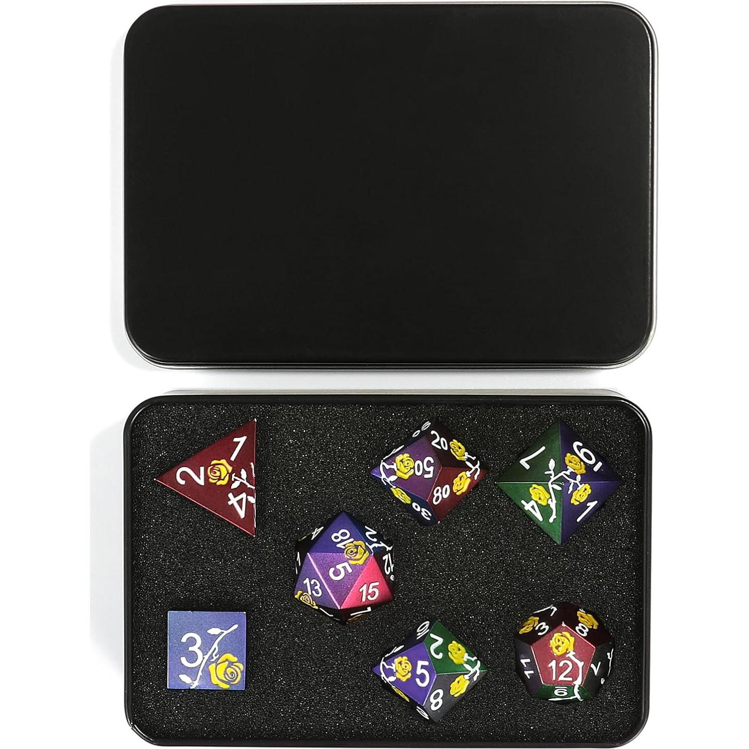 Juego de Dados de Metal Iridescentes MHJ con Rosa Amarilla 7PCS