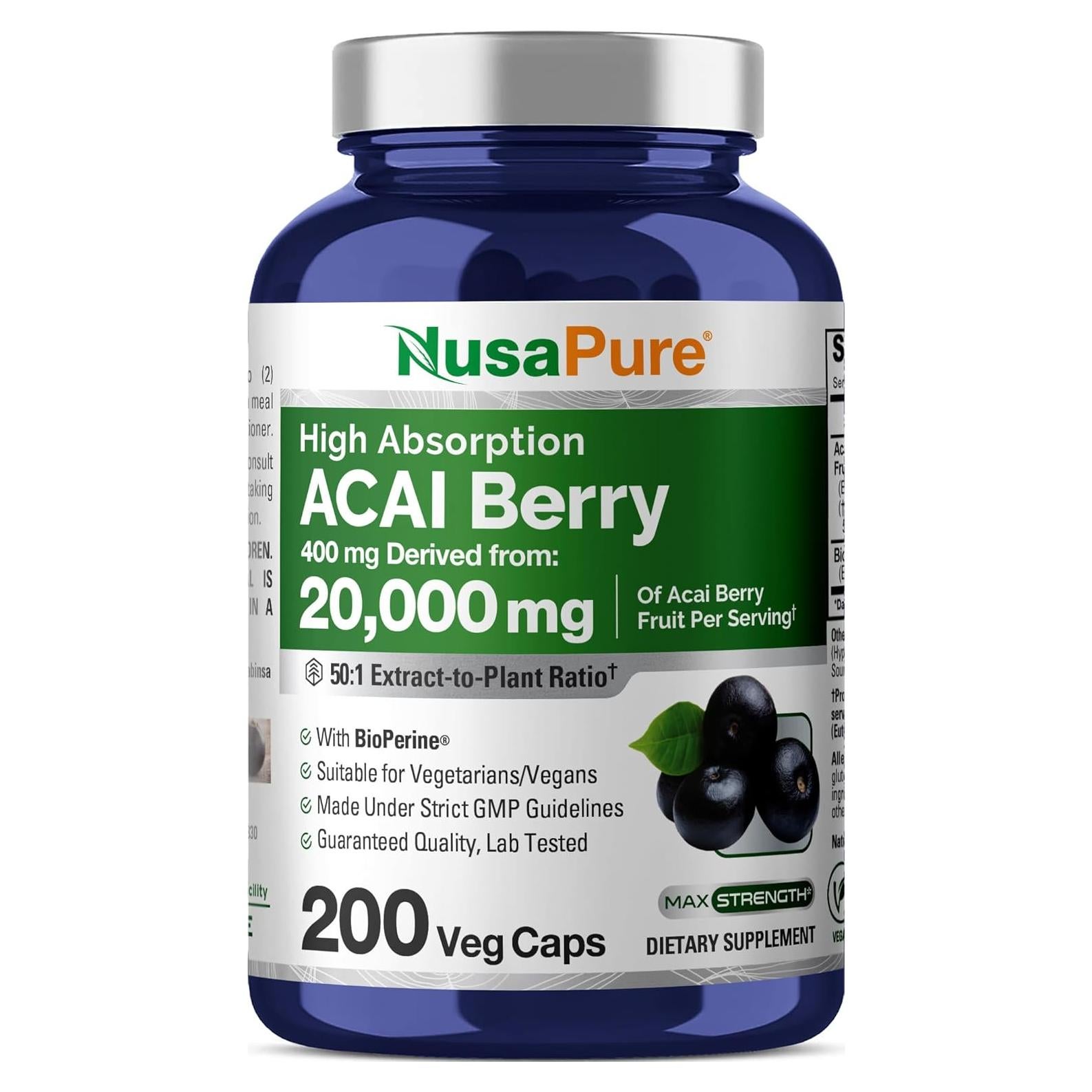 Extracto de Acai Berry NusaPure 50:1 400 mg 200 Cápsulas Veganas