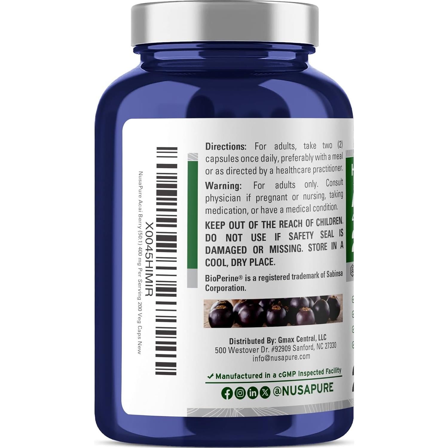 Extracto de Acai Berry NusaPure 50:1 400 mg 200 Cápsulas Veganas