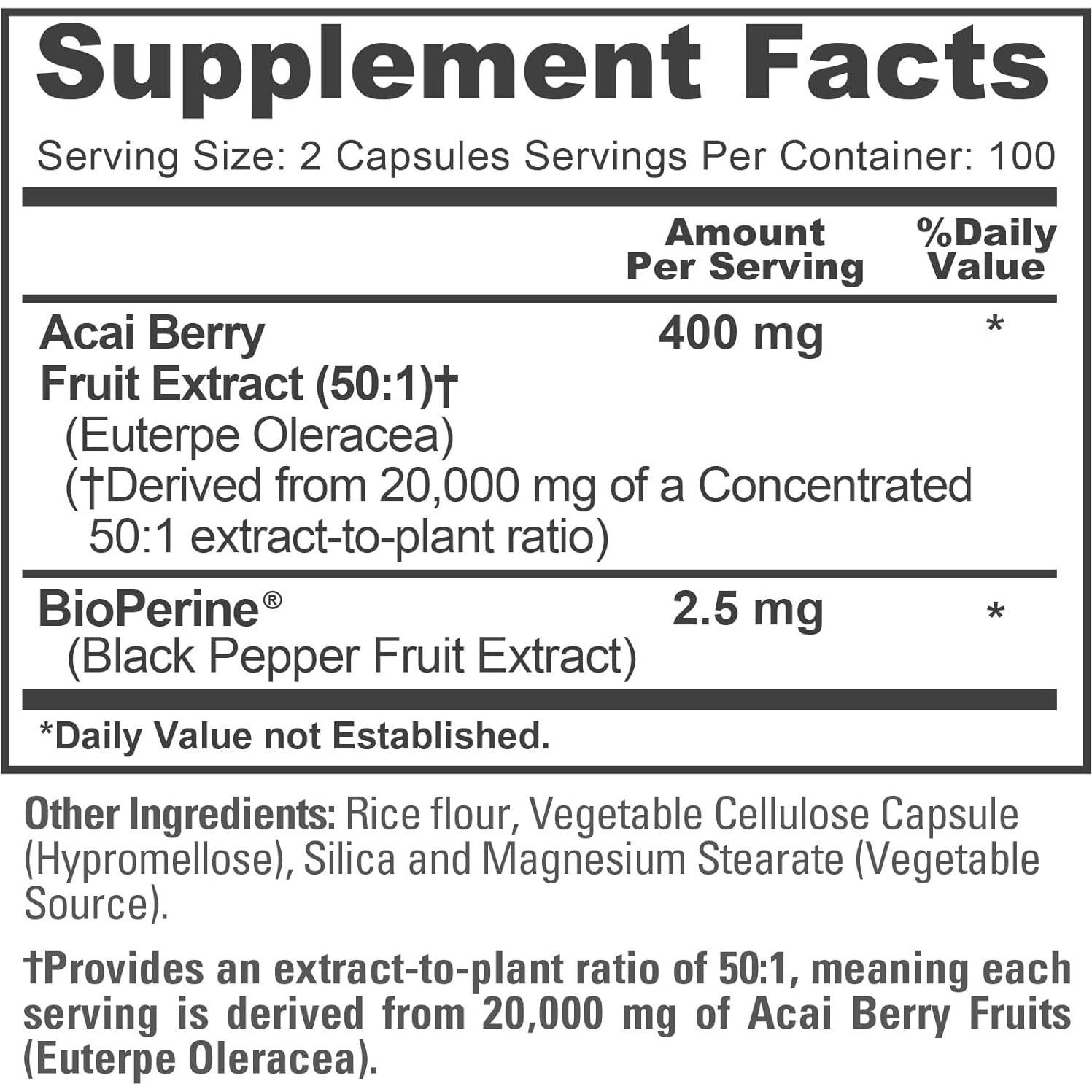 Extracto de Acai Berry NusaPure 50:1 400 mg 200 Cápsulas Veganas