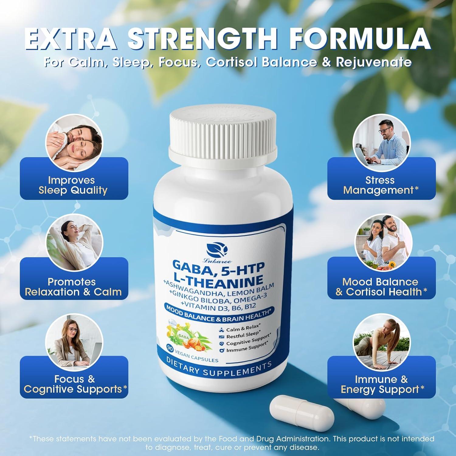 GABA Supplements 750mg with L Theanine, 5HTP, Ashwagandha, Lemon Balm, Ginkgo Biloba, Omega-3, 10 in 1 GABA Calm Capsules for Sleep, Relaxation, Focus, Mood Support, Cortisol Balance - 90CT