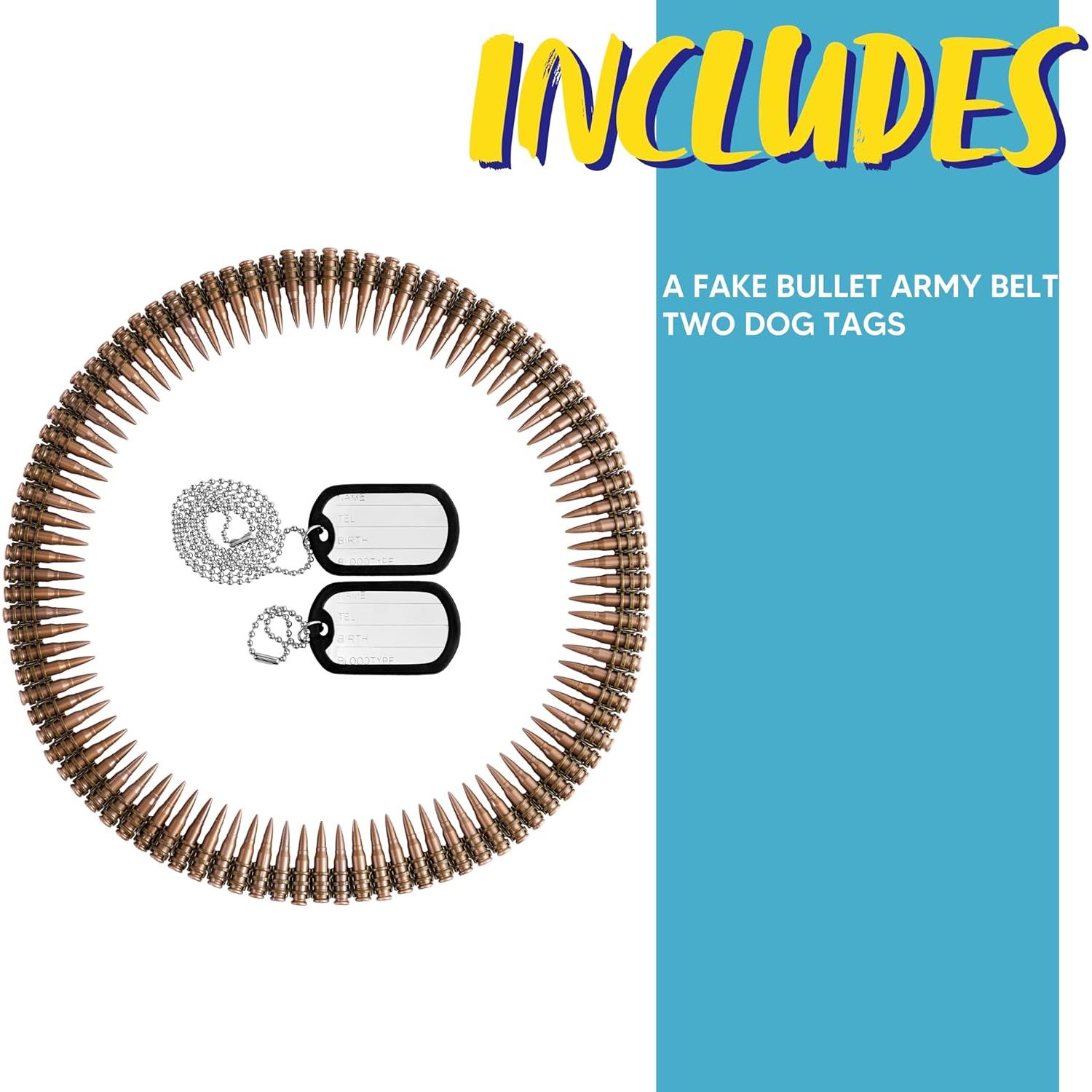 Spooktacular Creations Halloween Ammo Costume Accessories Included Army Bullet Belt with Fake Bullet and Dog Tag Necklace, Bandolier and Stainless Steel Military Tag Toy Set for Soldier Cosplay