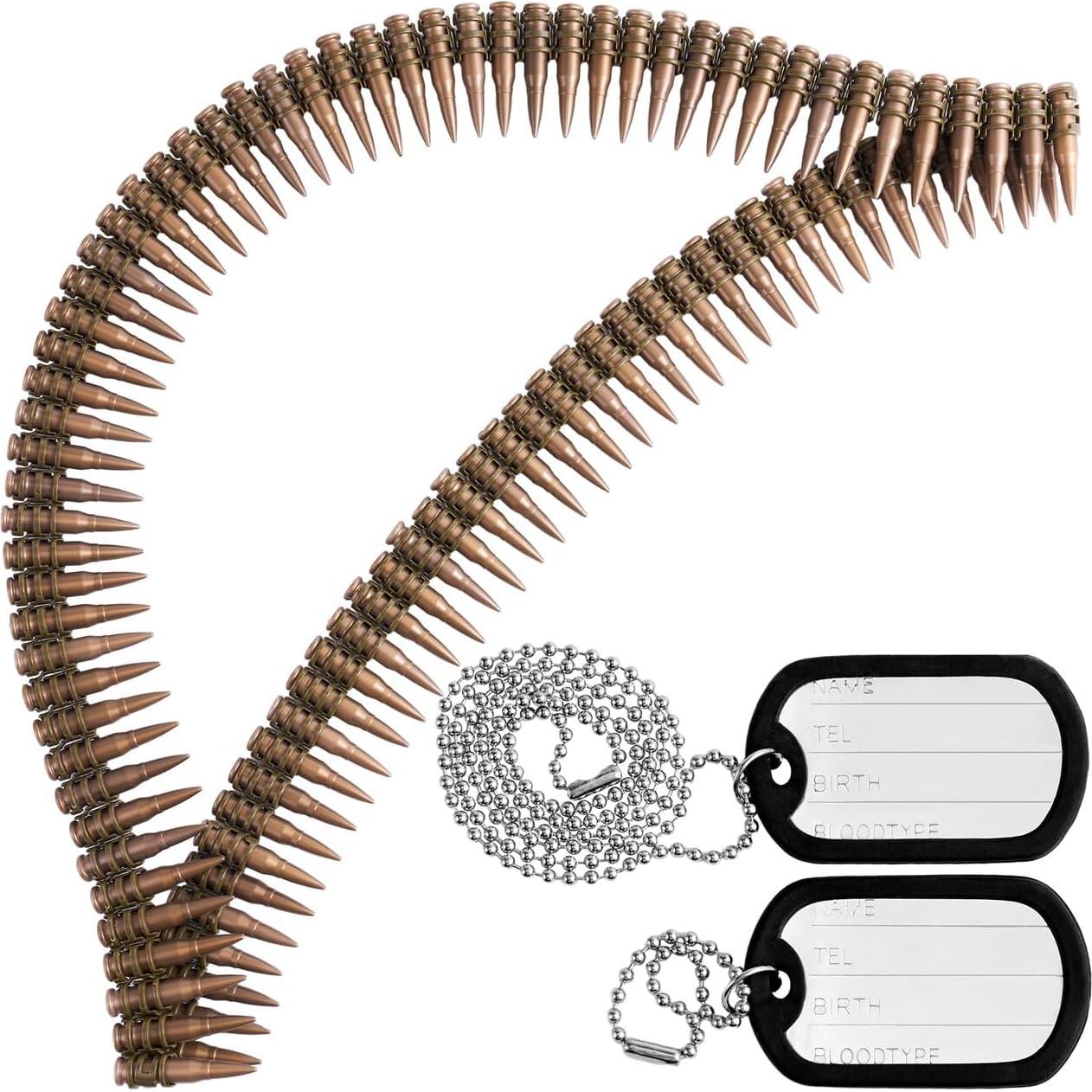 Spooktacular Creations Halloween Ammo Costume Accessories Included Army Bullet Belt with Fake Bullet and Dog Tag Necklace, Bandolier and Stainless Steel Military Tag Toy Set for Soldier Cosplay