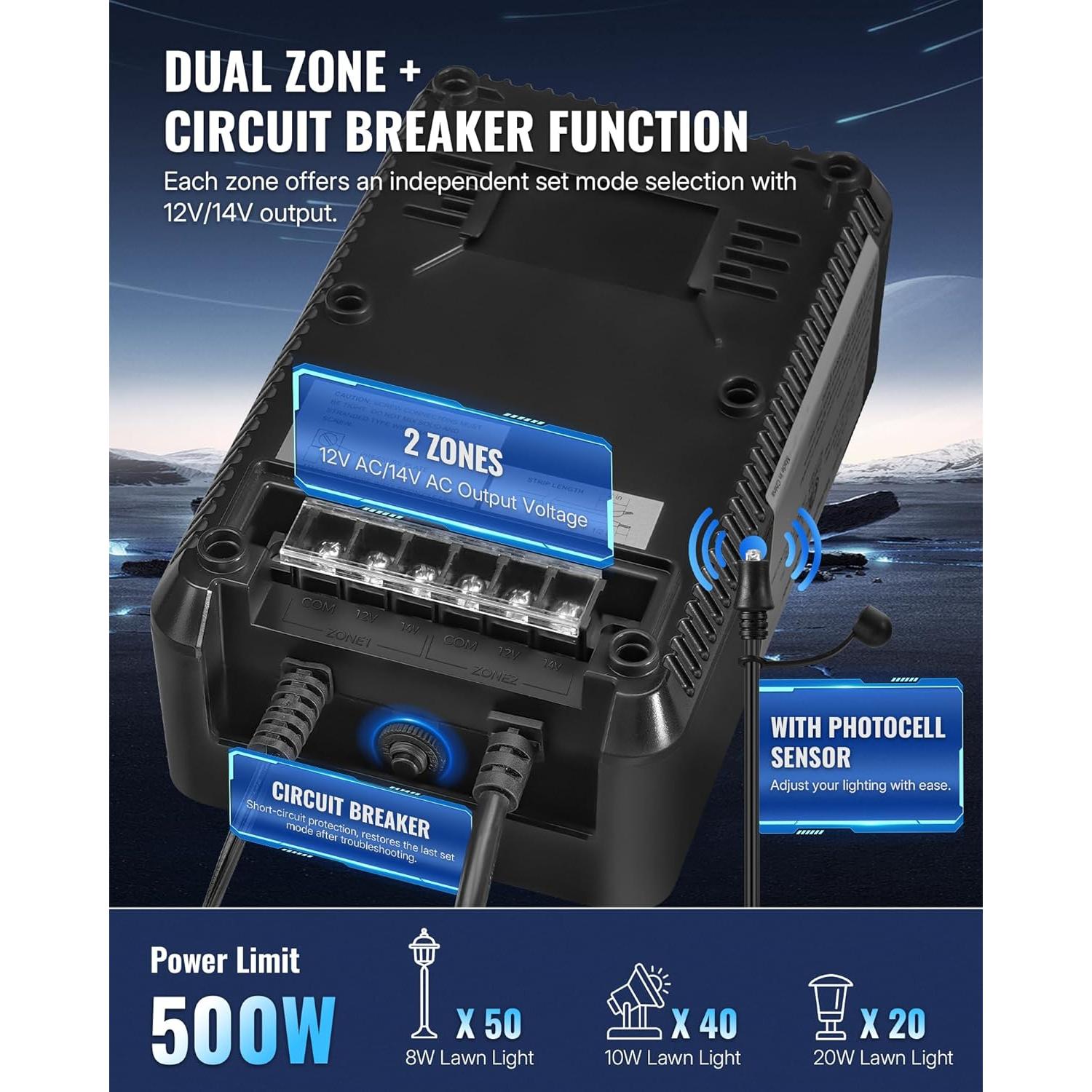 Transformador de Iluminación de Paisaje WILAWELS 500W 2 Zonas