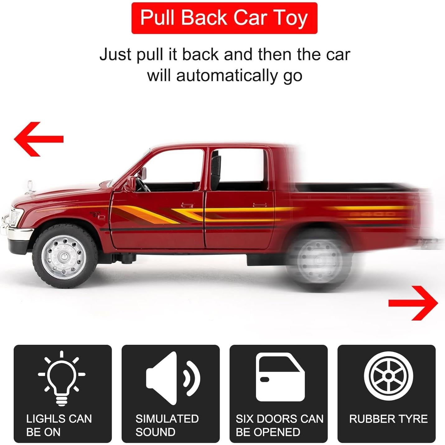 Coche de Juguete Pickup Hilux 1:32 Guarsiliymi Rojo con Luz y Sonido