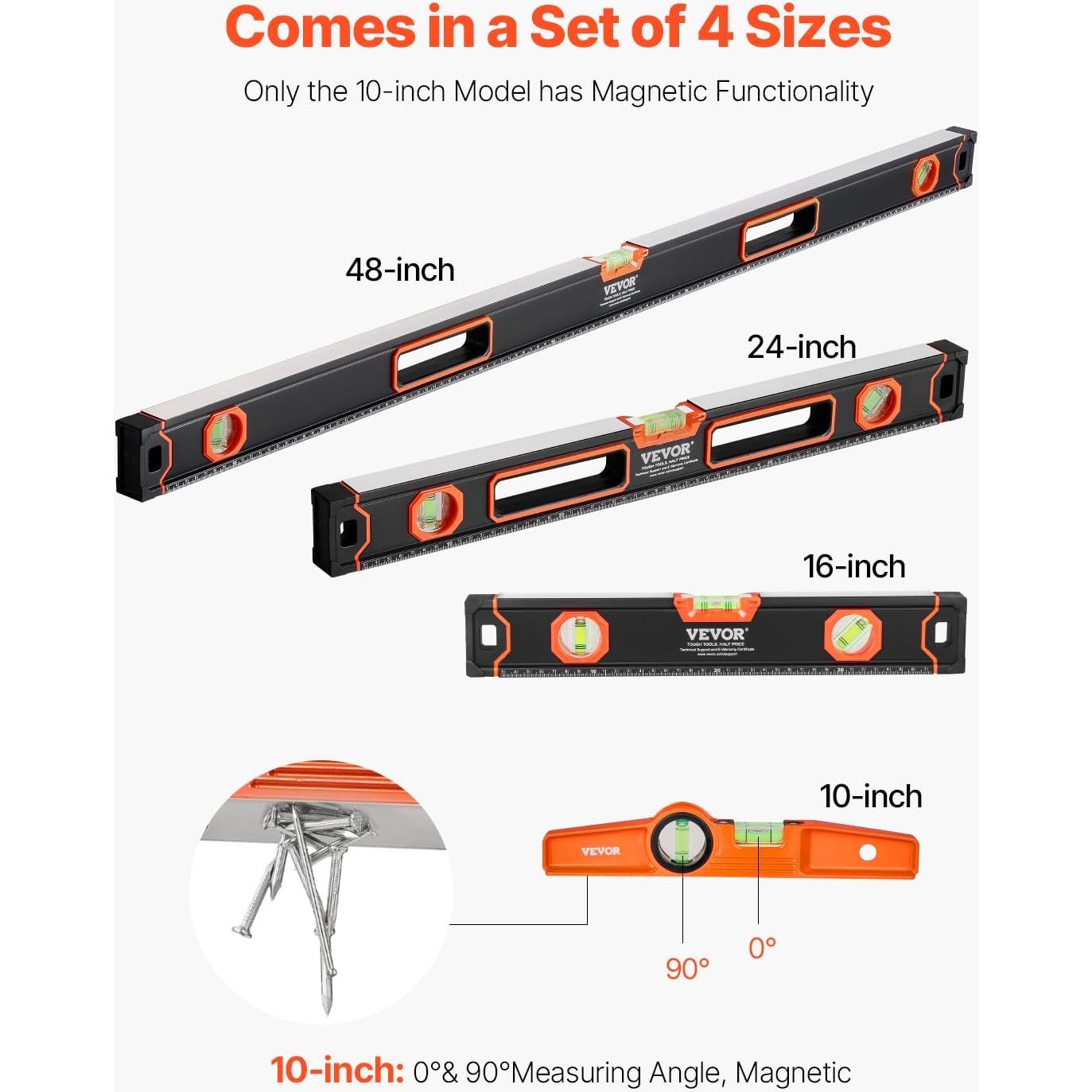 Juego de Niveles Torpedo VEVOR 4 Piezas Aluminio 10-48 cm