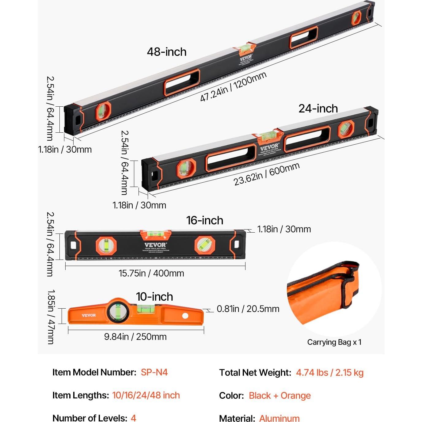 Juego de Niveles Torpedo VEVOR 4 Piezas Aluminio 10-48 cm