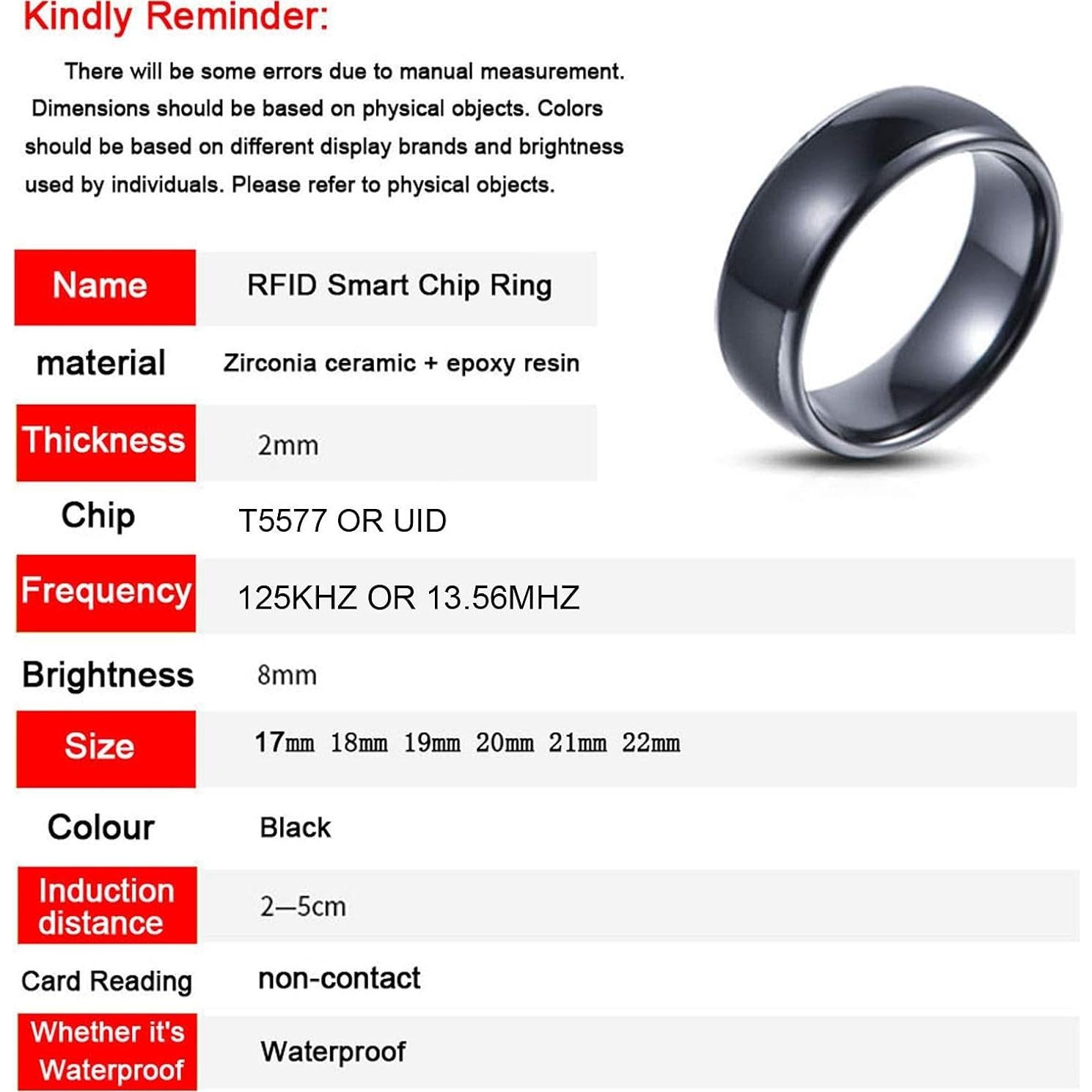 Anillo inteligente RFID T5577 Hecere 17mm Cerámica Negra