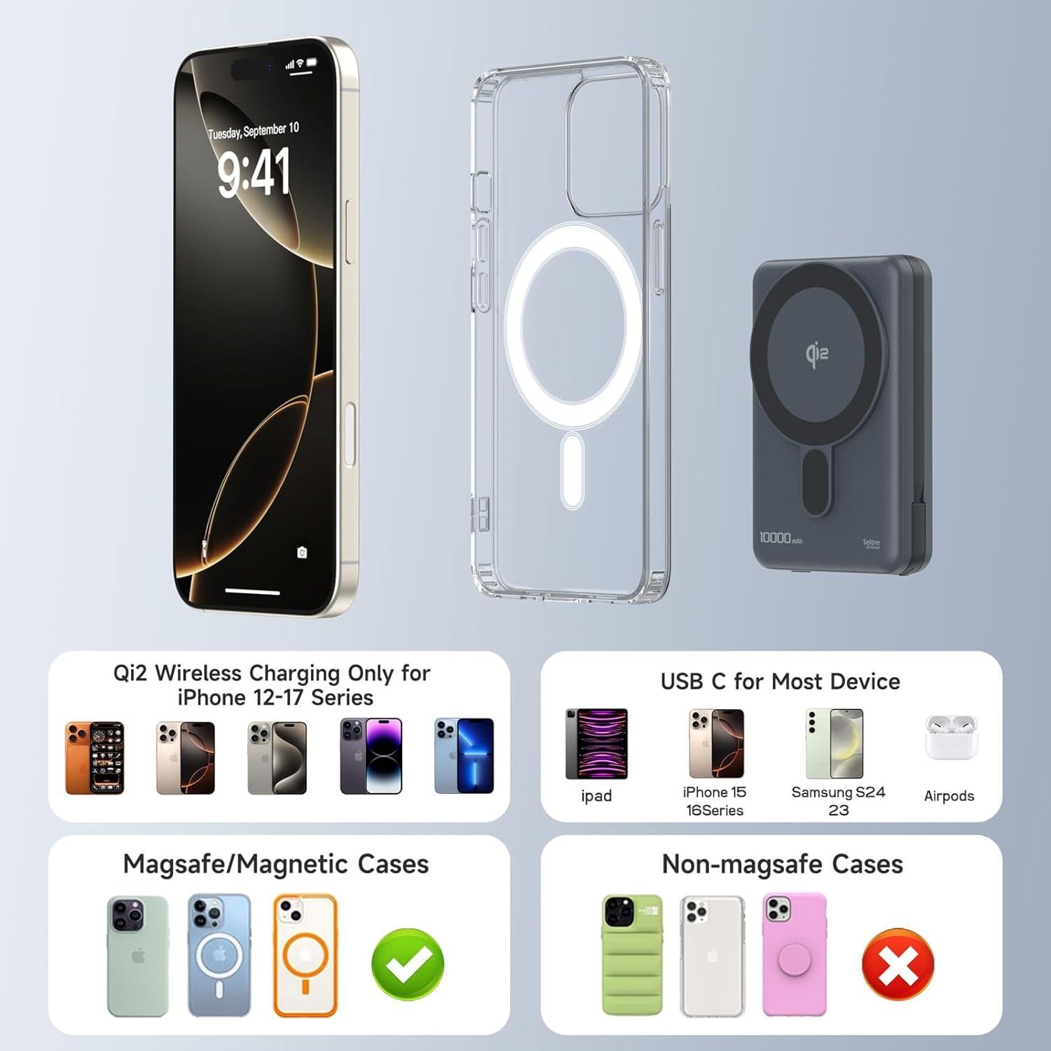 Cargador Portátil Magnético 10,000mAh C-Smartlink Qi2 15W