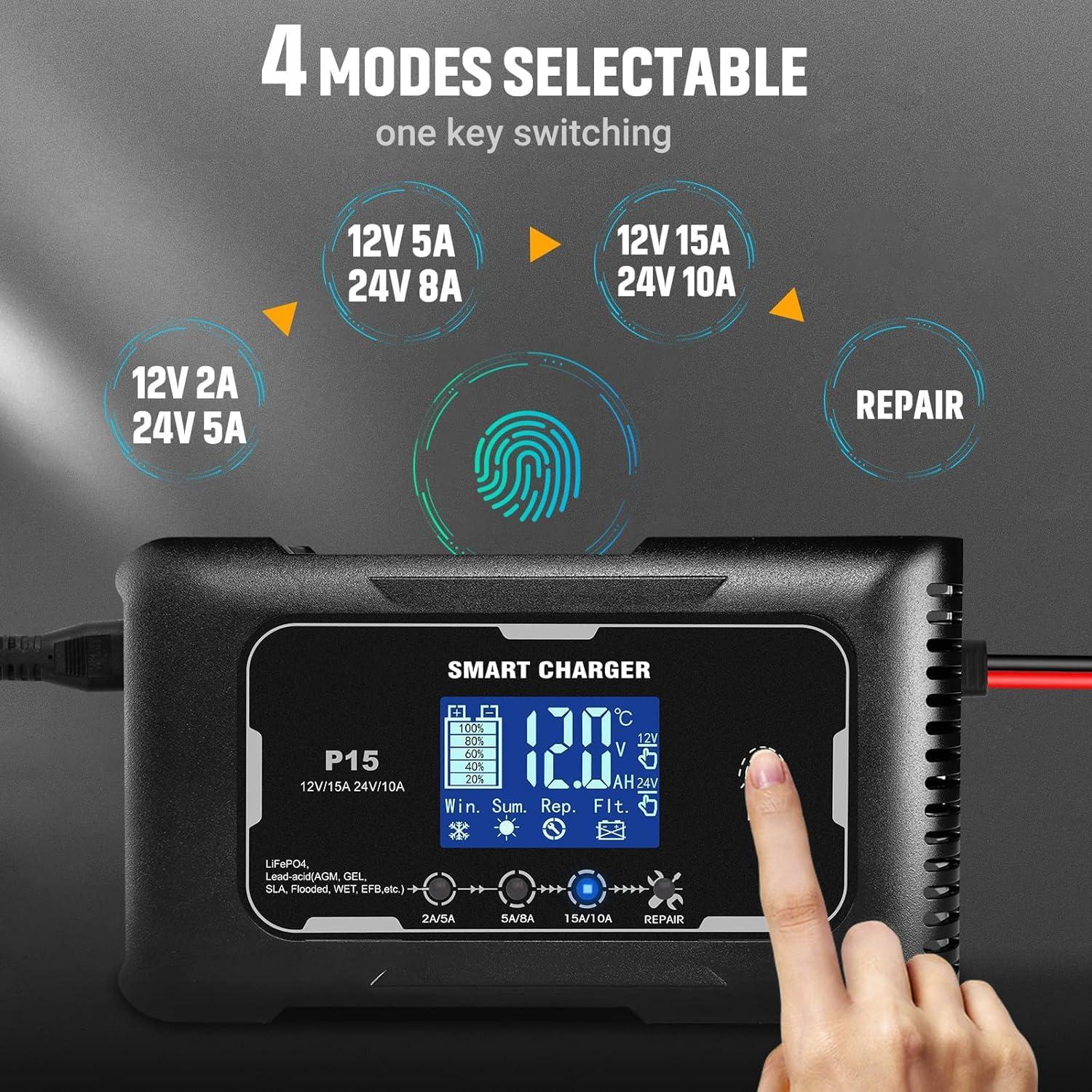 Cargador inteligente 12V/24V 15A/10A dKJIGYH LiFePO4