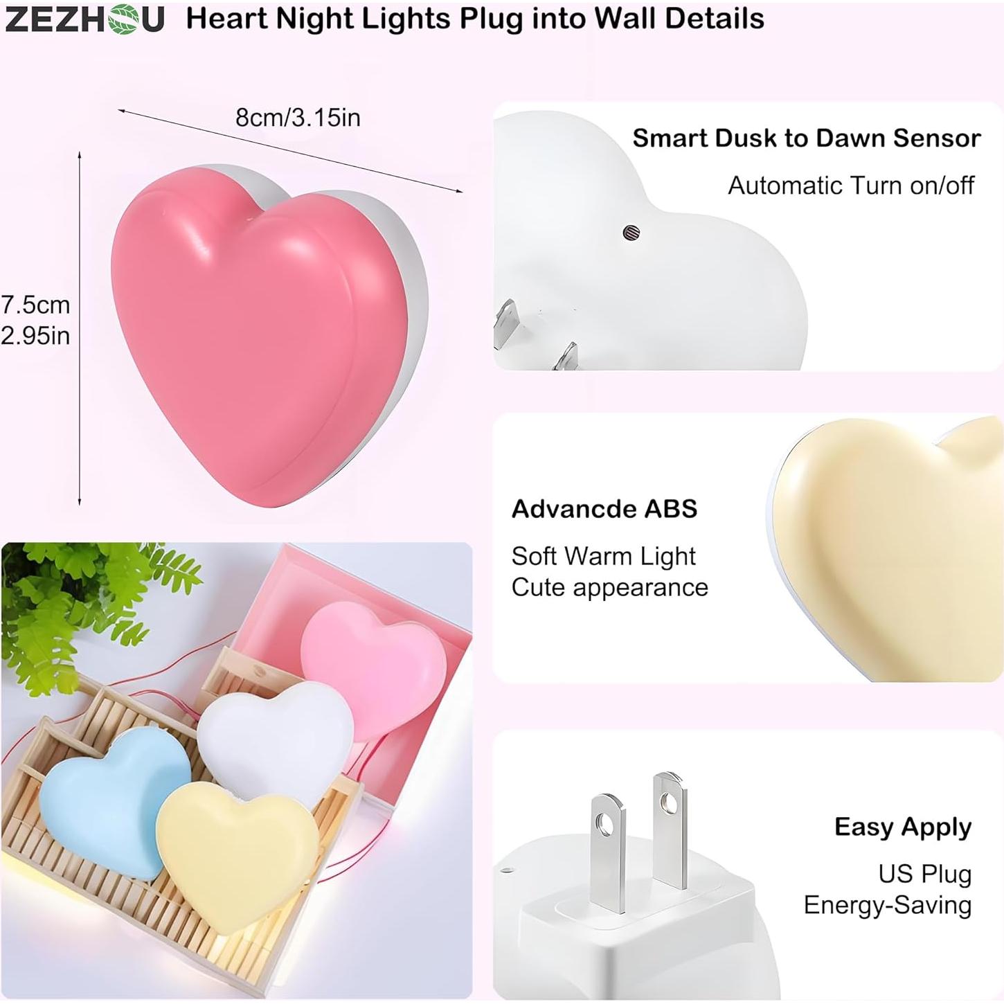 Night Lights Plug into Wall - 2Pcs Cute Heart LED Night Light for Kids, Plug in Nightlight with Smart Auto On/Off Dusk to Dawn Sensor, Soft Warm Lamp for Bedroom Nursery Living Room Bathroom Hallway