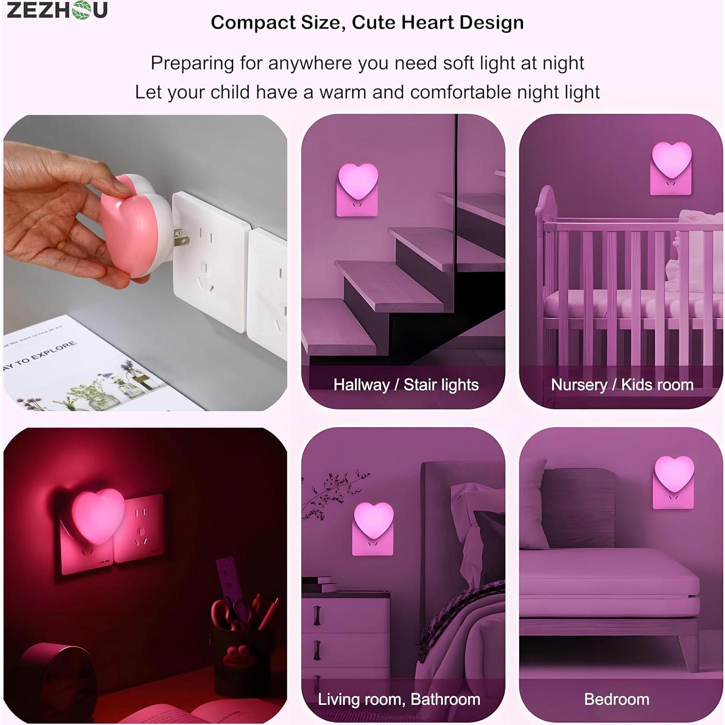 Night Lights Plug into Wall - 2Pcs Cute Heart LED Night Light for Kids, Plug in Nightlight with Smart Auto On/Off Dusk to Dawn Sensor, Soft Warm Lamp for Bedroom Nursery Living Room Bathroom Hallway