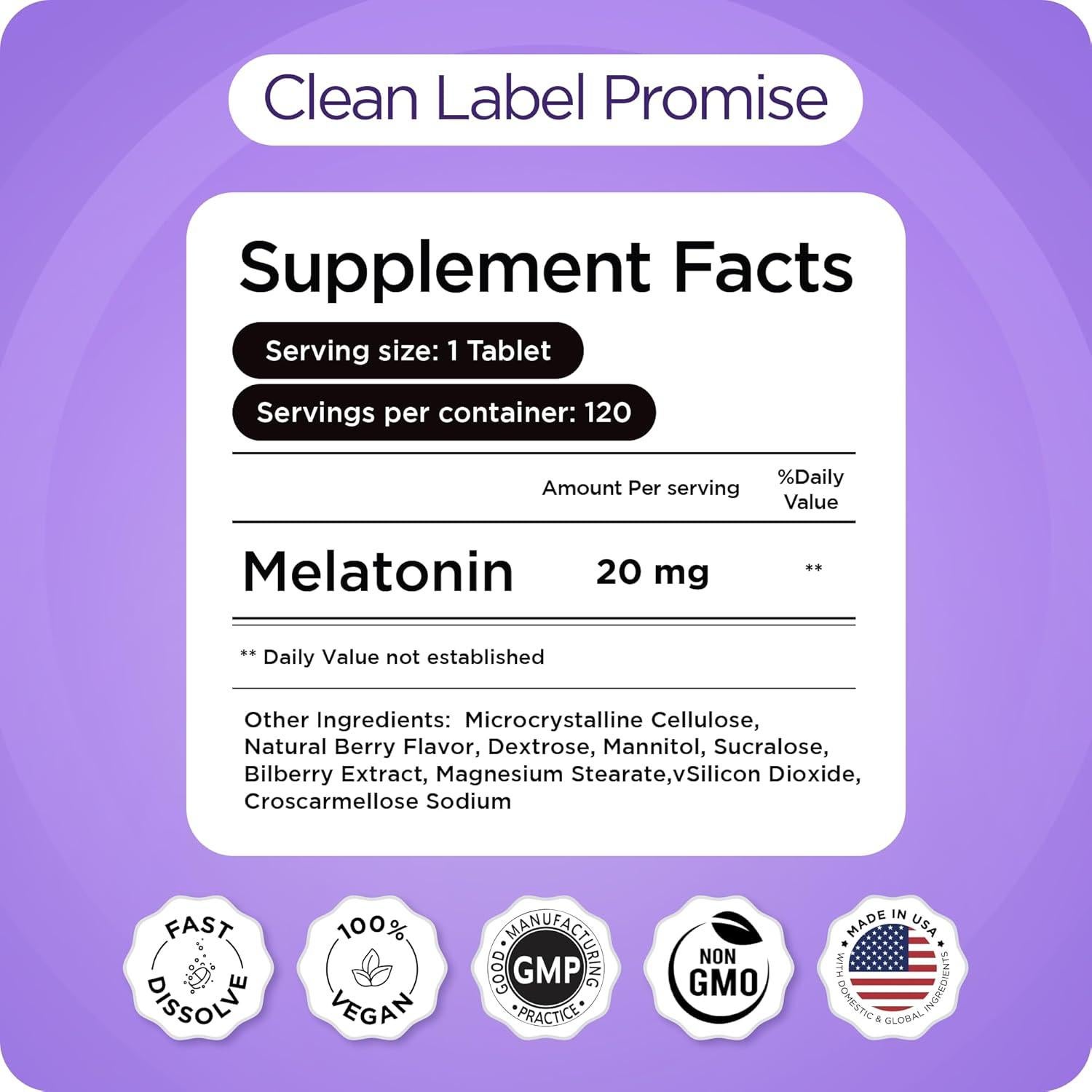Melatonina 20mg Balance Breens - 120 Tabletas Rápidas para Dormir