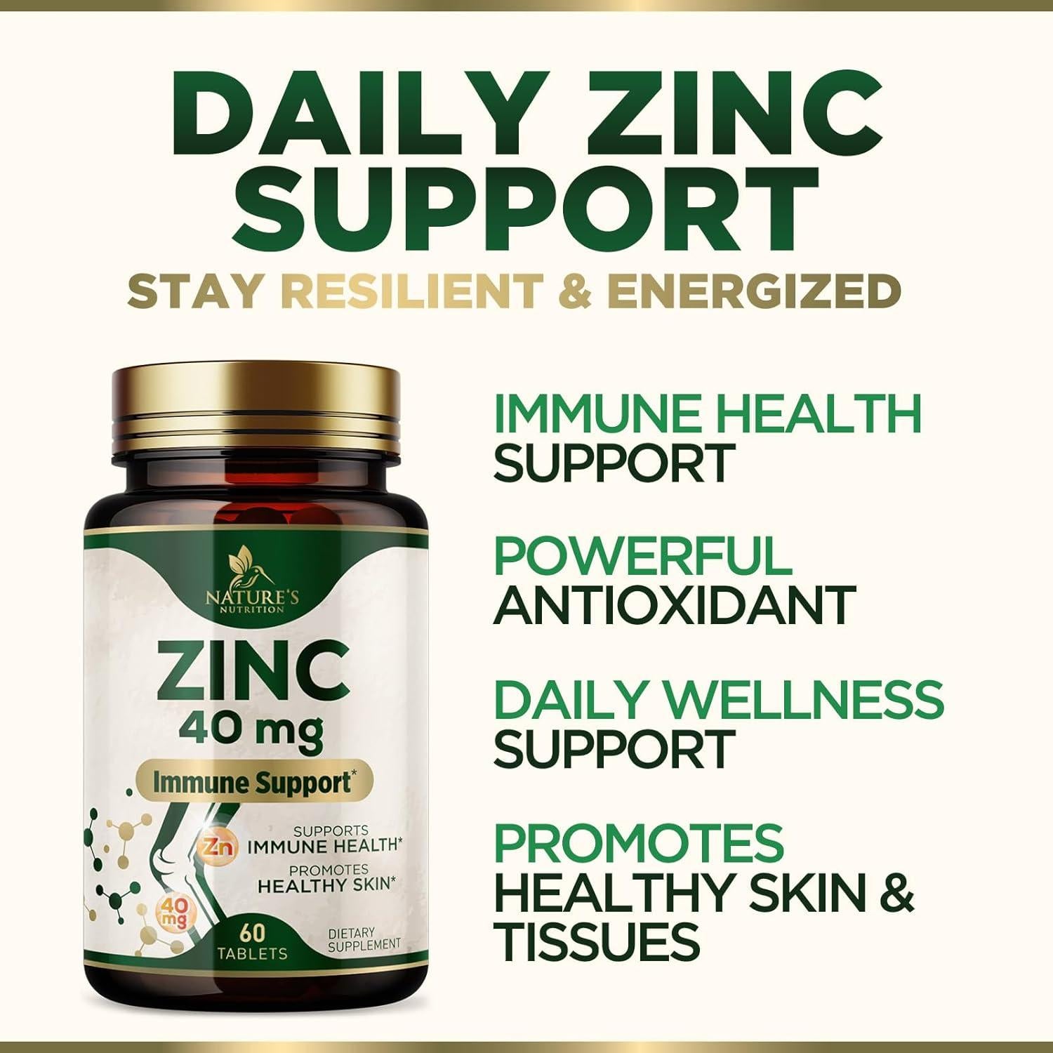 Suplemento de Zinc 40mg Nutrición de la Naturaleza - 60 Tabletas Veganas