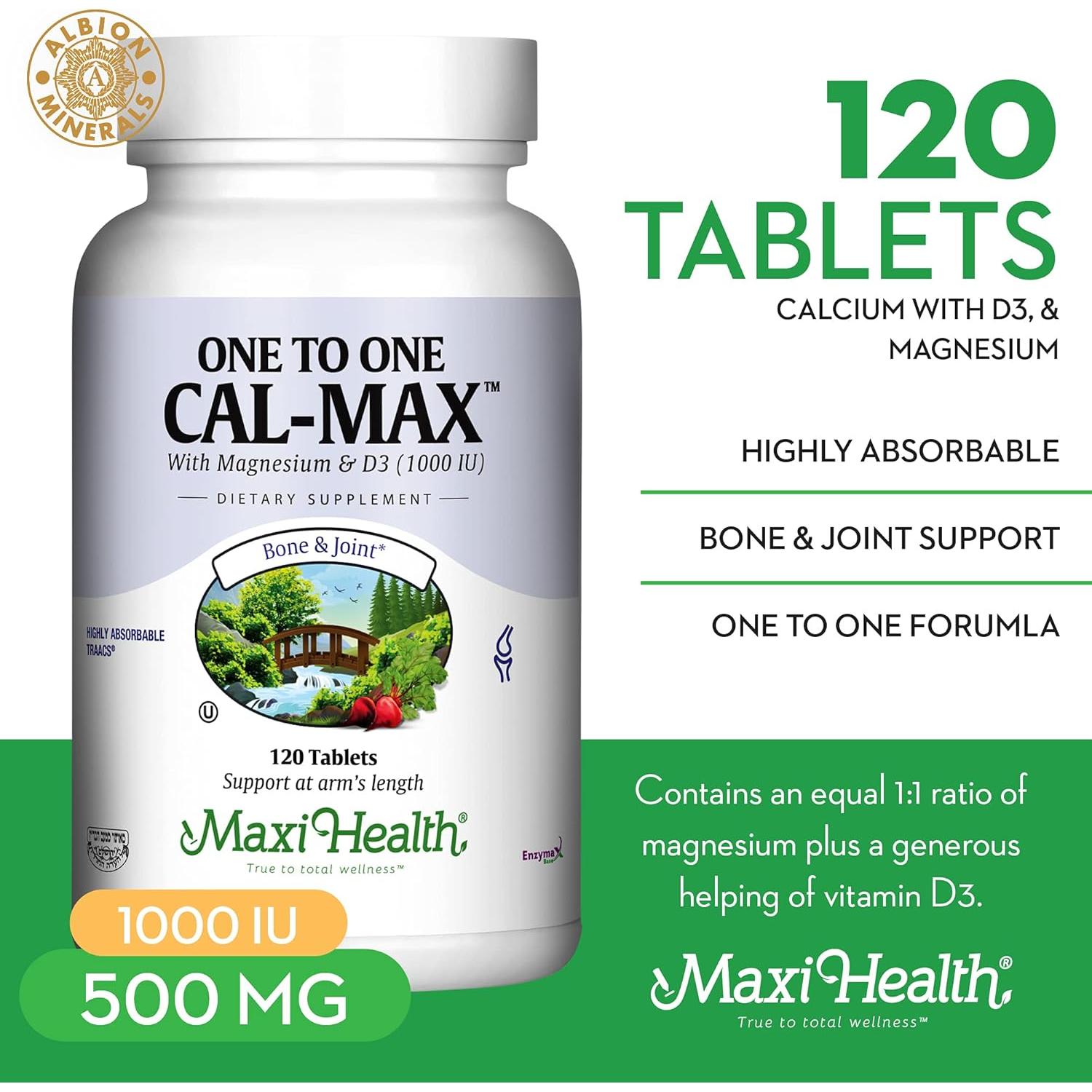 Suplemento de Calcio 500 mg + Vitamina D3 1000 UI + Magnesio 500 mg - Maxi Health - 120 Tabletas