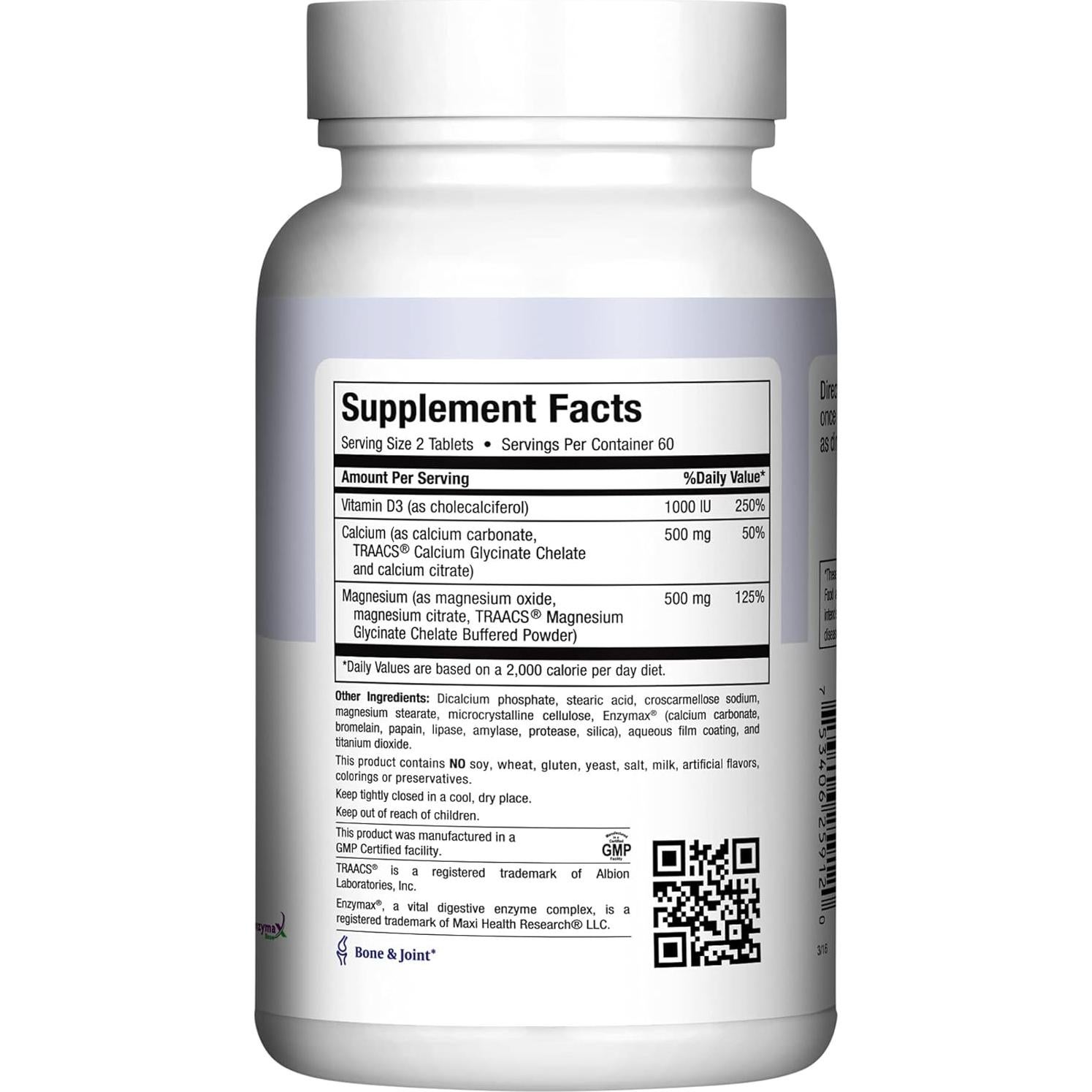 Suplemento de Calcio 500 mg + Vitamina D3 1000 UI + Magnesio 500 mg - Maxi Health - 120 Tabletas