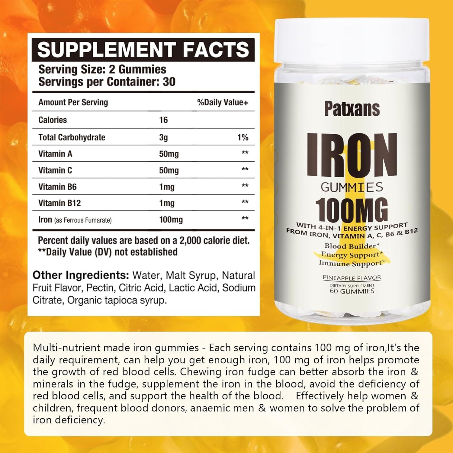 Gominolas de Hierro Patxans 100mg con Vitaminas A, C, B - 60ct