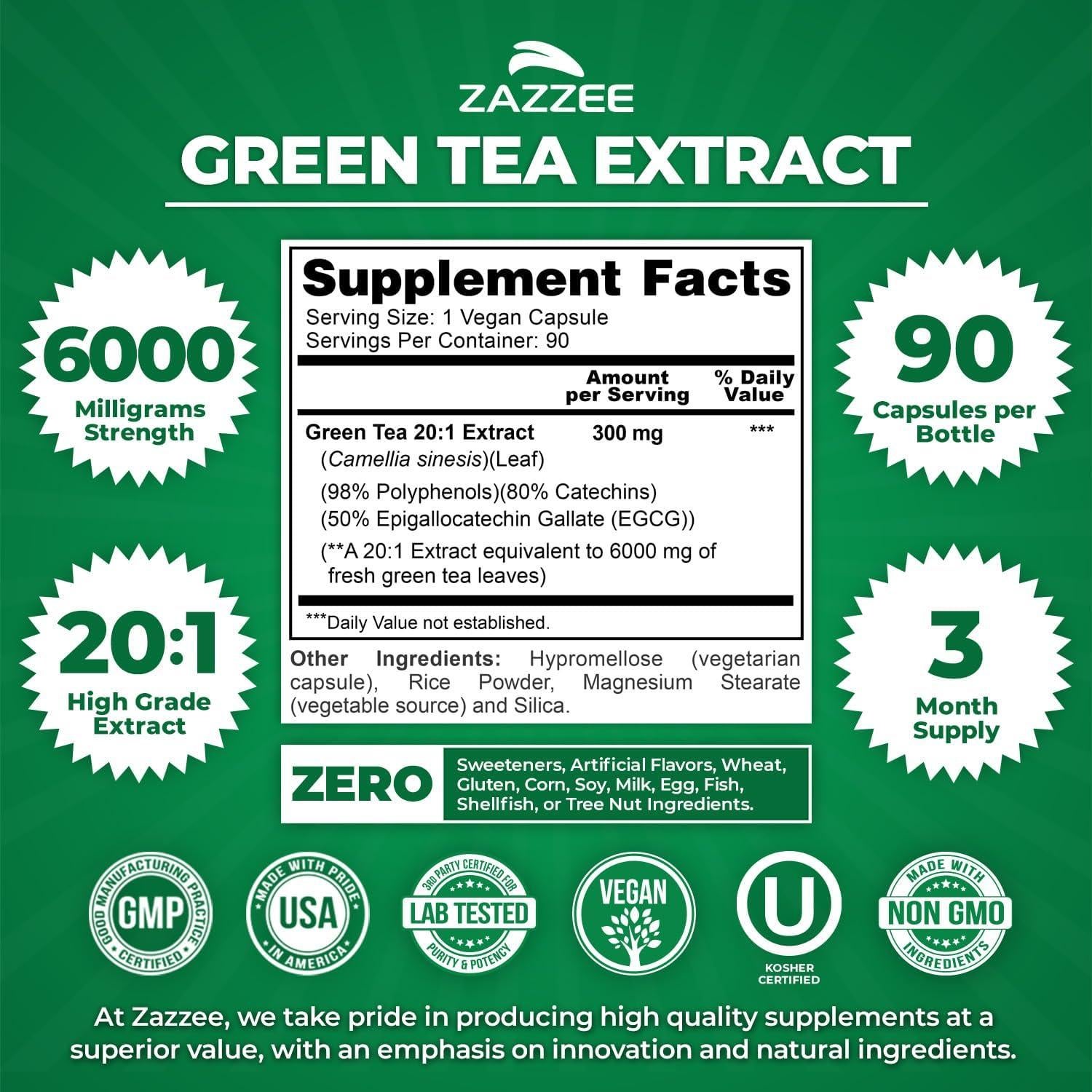 Zazzee Extracto de Té Verde 6000 mg 90 Cápsulas Veganas