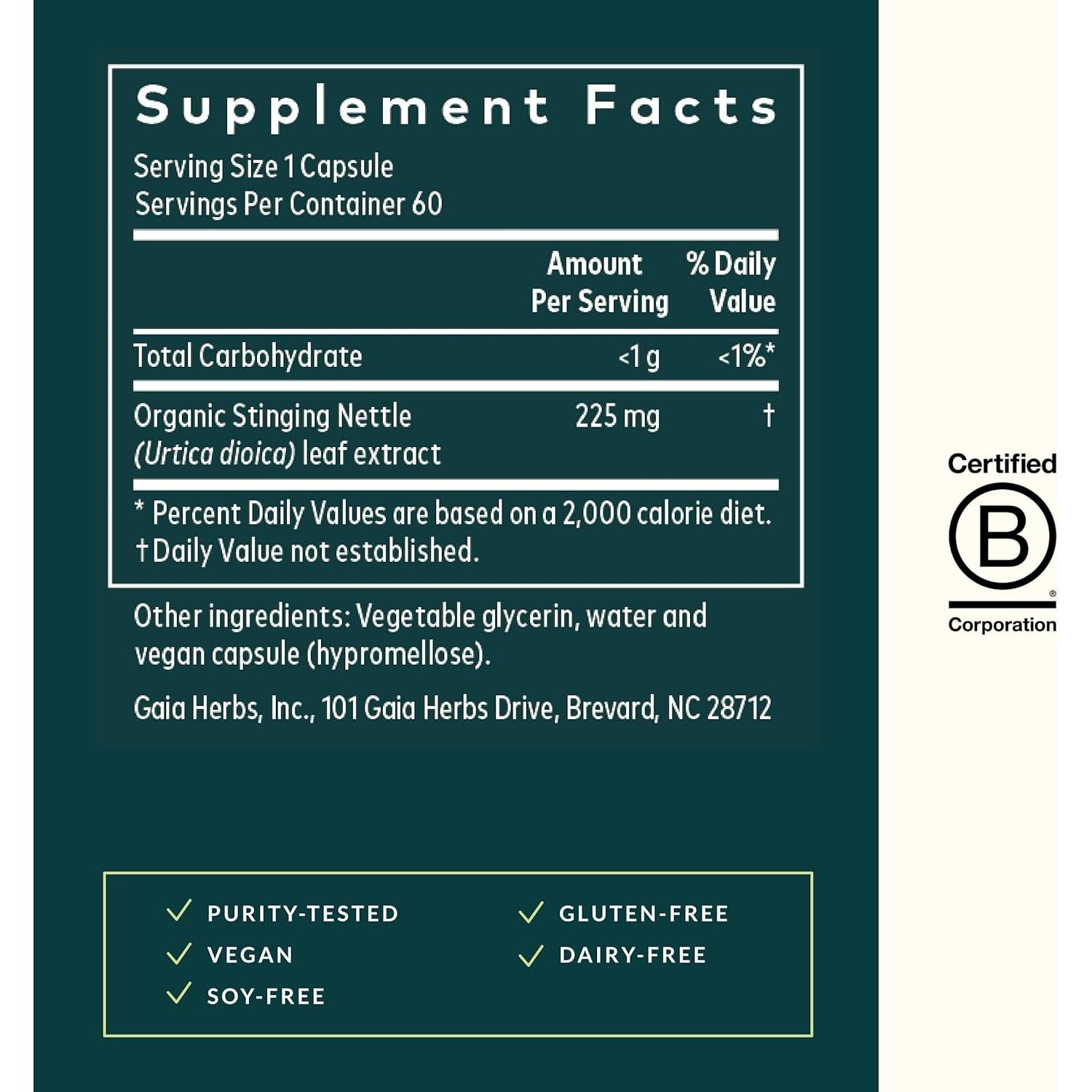 Suplemento de Hoja de Ortiga Gaia Herbs - 60 Cápsulas Veganas