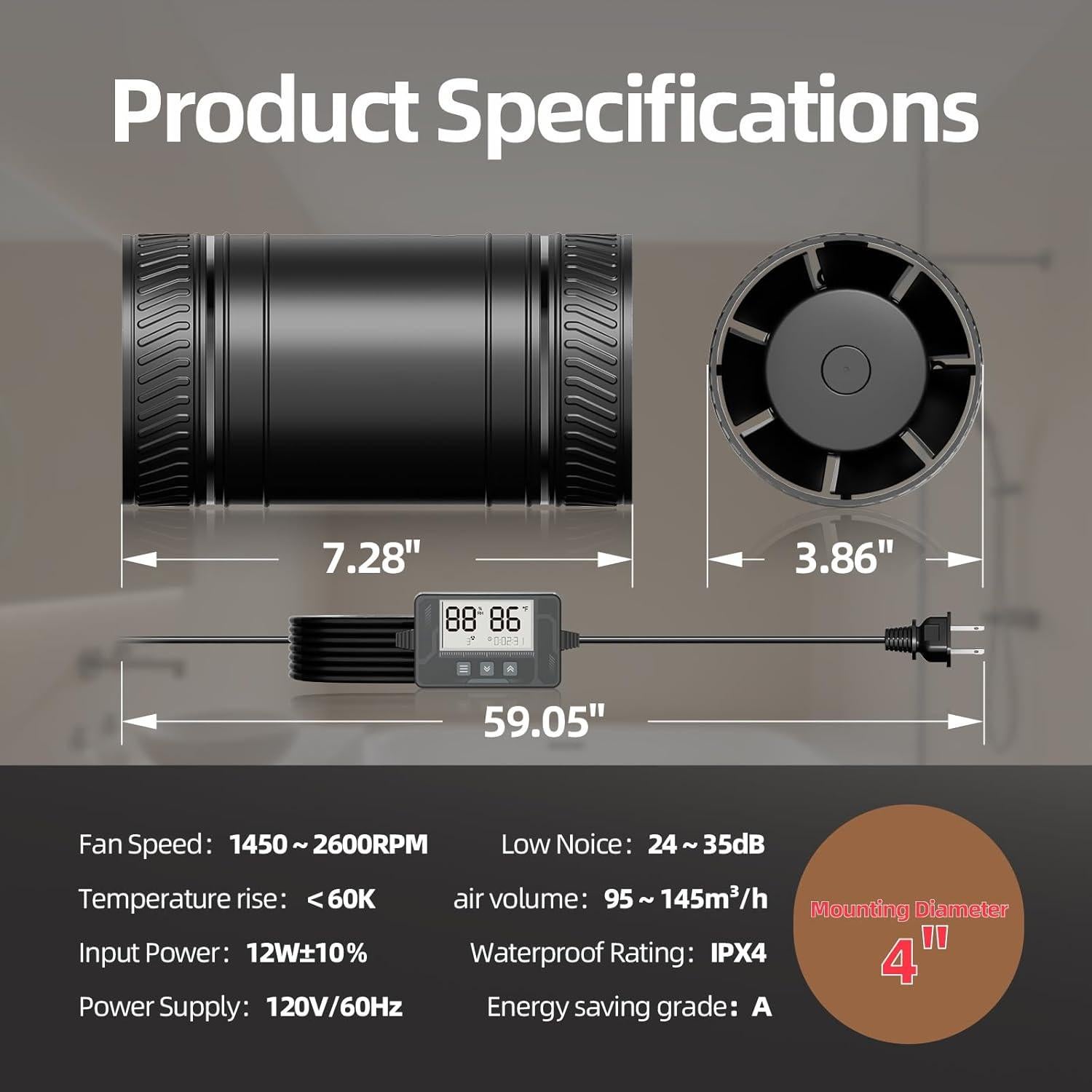 Ventilador de Conducto 4" ONVEAN con Sensor de Humedad y Control Remoto
