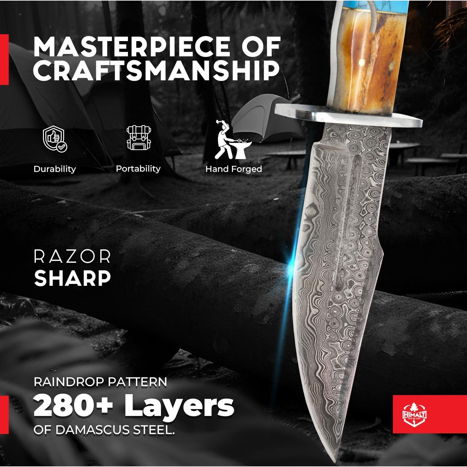 Cuchillo de Caza Bowie Himalt 26.67 cm Acero Damasco con Funda