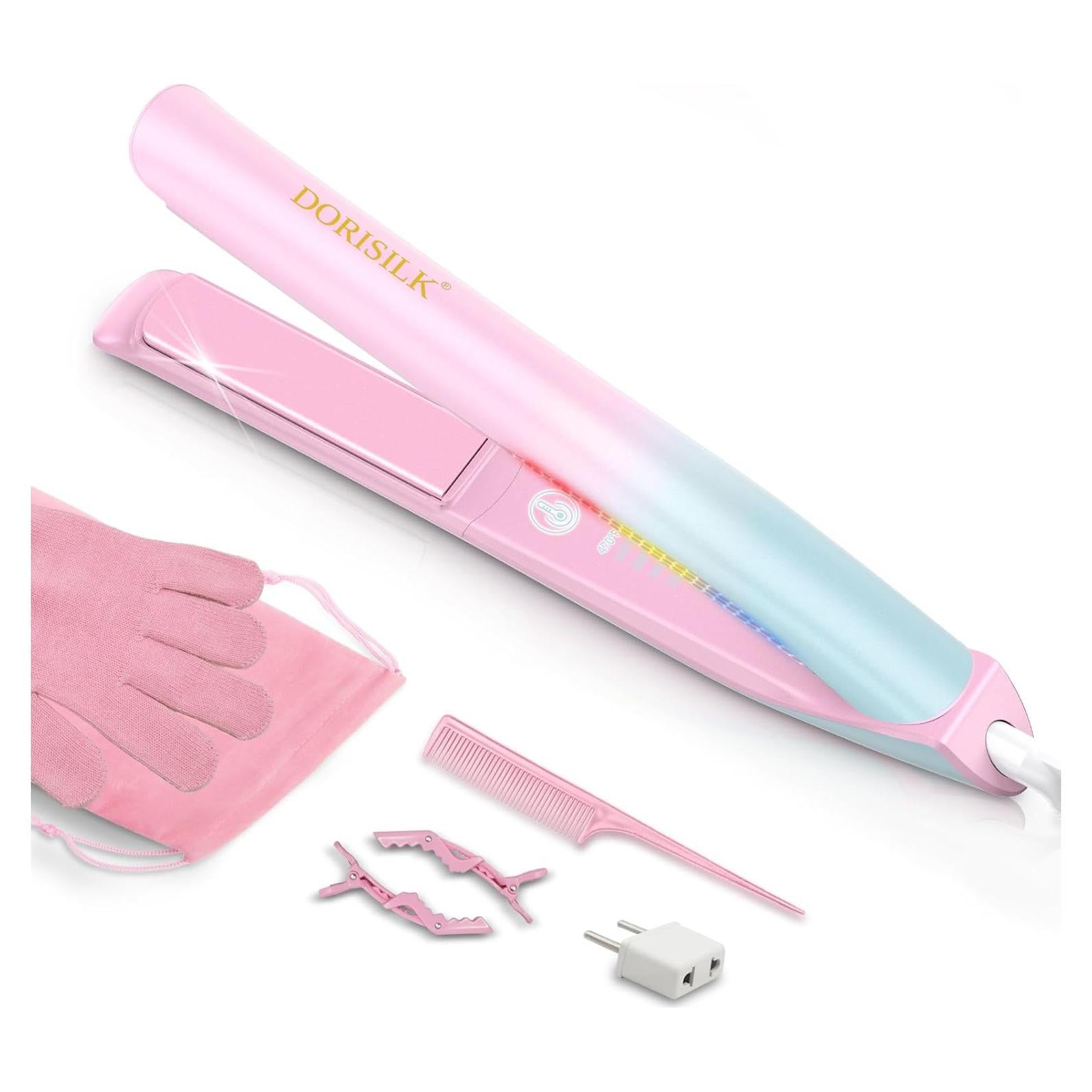 DORISILK 470°F Hair Straightener Colorful Light, Dual Voltage Flat Iron for European Travel, 1" Professional Salon Ceramic Straightening and Curling Iron Smooth Tech 30s Fast Heat Gift for Women Girls