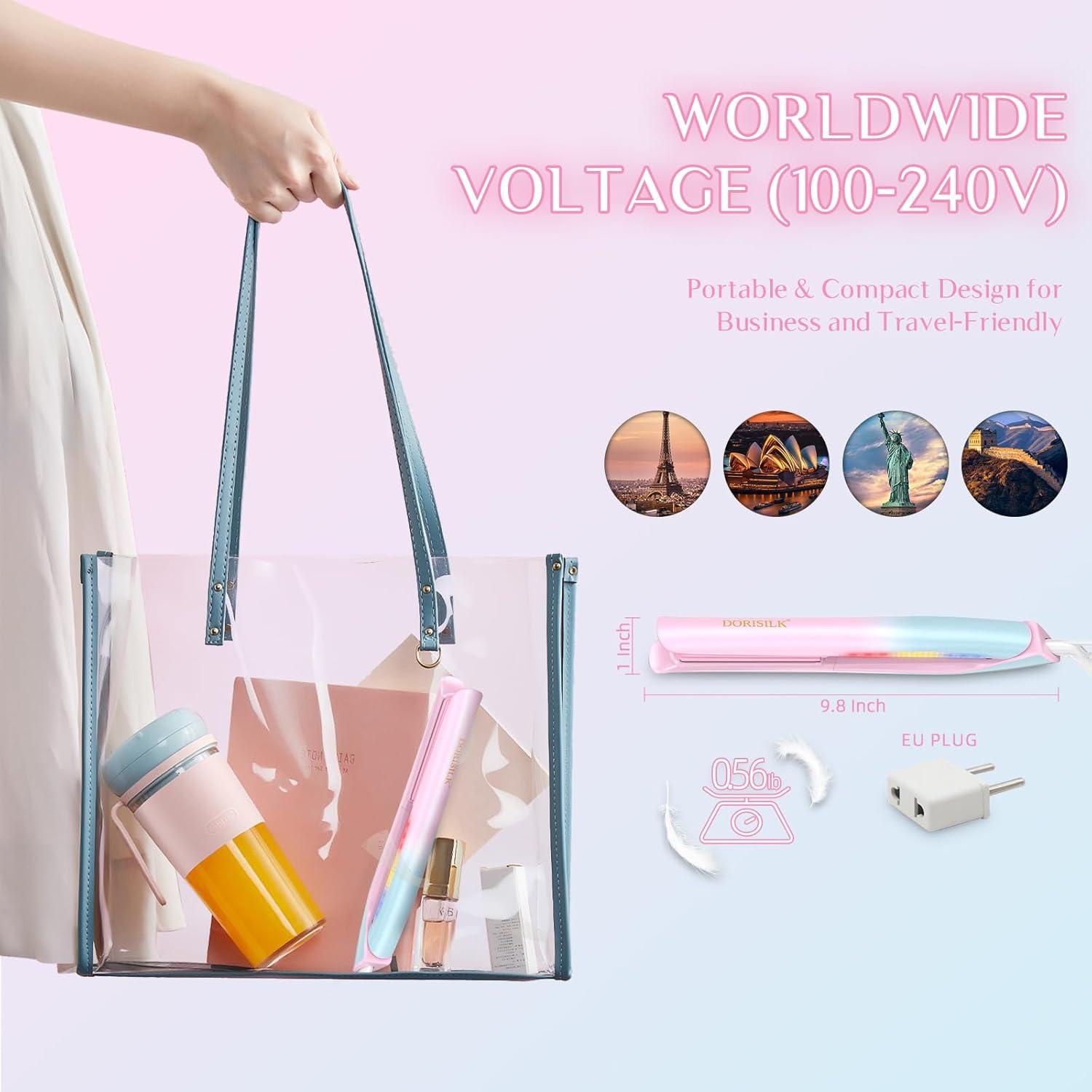 DORISILK 470°F Hair Straightener Colorful Light, Dual Voltage Flat Iron for European Travel, 1" Professional Salon Ceramic Straightening and Curling Iron Smooth Tech 30s Fast Heat Gift for Women Girls