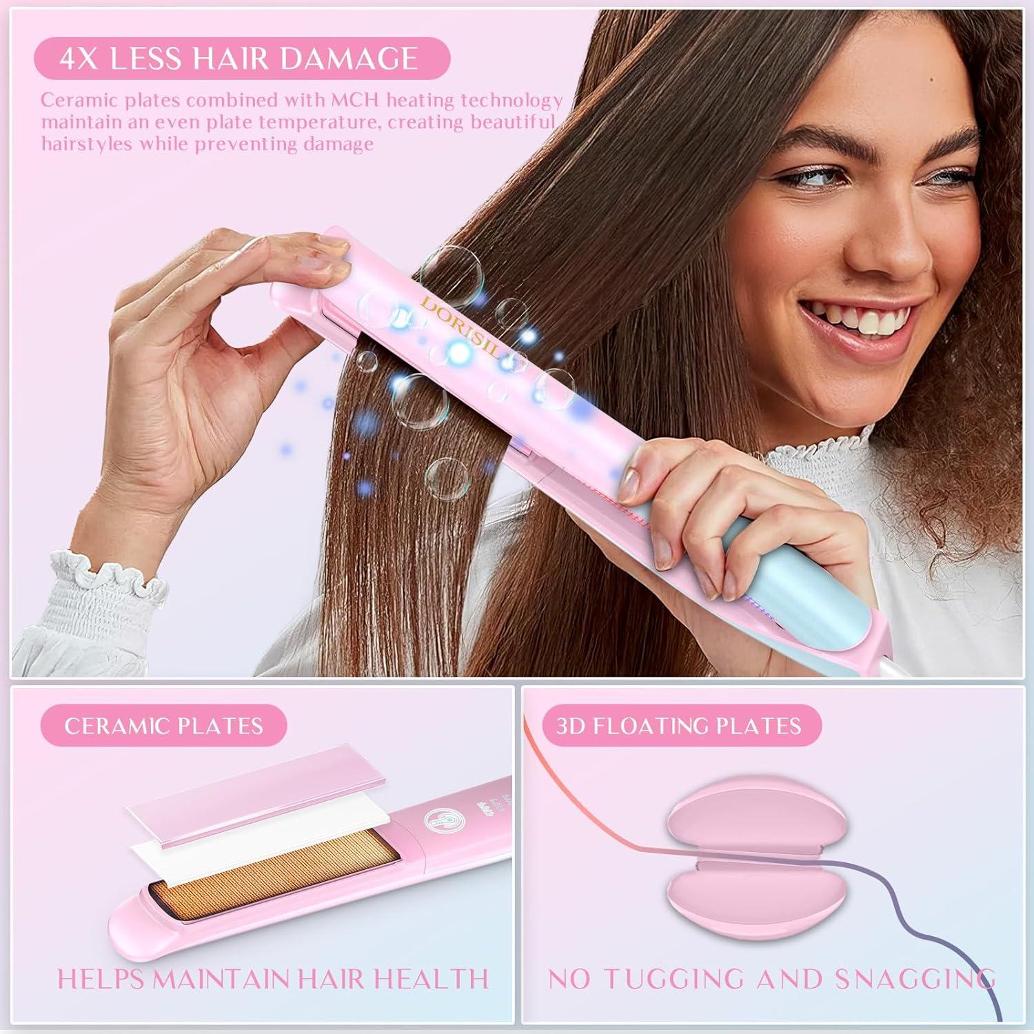 DORISILK 470°F Hair Straightener Colorful Light, Dual Voltage Flat Iron for European Travel, 1" Professional Salon Ceramic Straightening and Curling Iron Smooth Tech 30s Fast Heat Gift for Women Girls