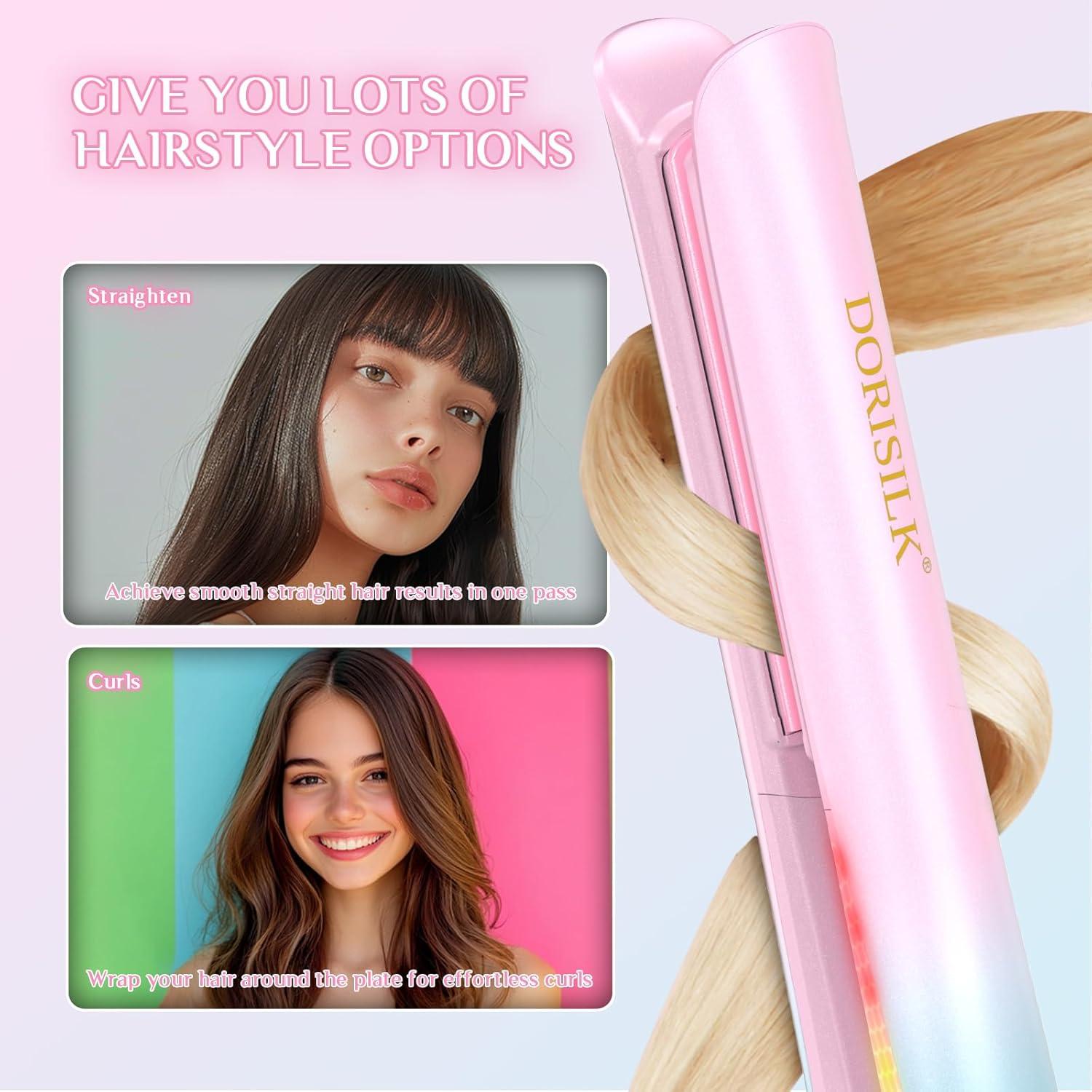 DORISILK 470°F Hair Straightener Colorful Light, Dual Voltage Flat Iron for European Travel, 1" Professional Salon Ceramic Straightening and Curling Iron Smooth Tech 30s Fast Heat Gift for Women Girls