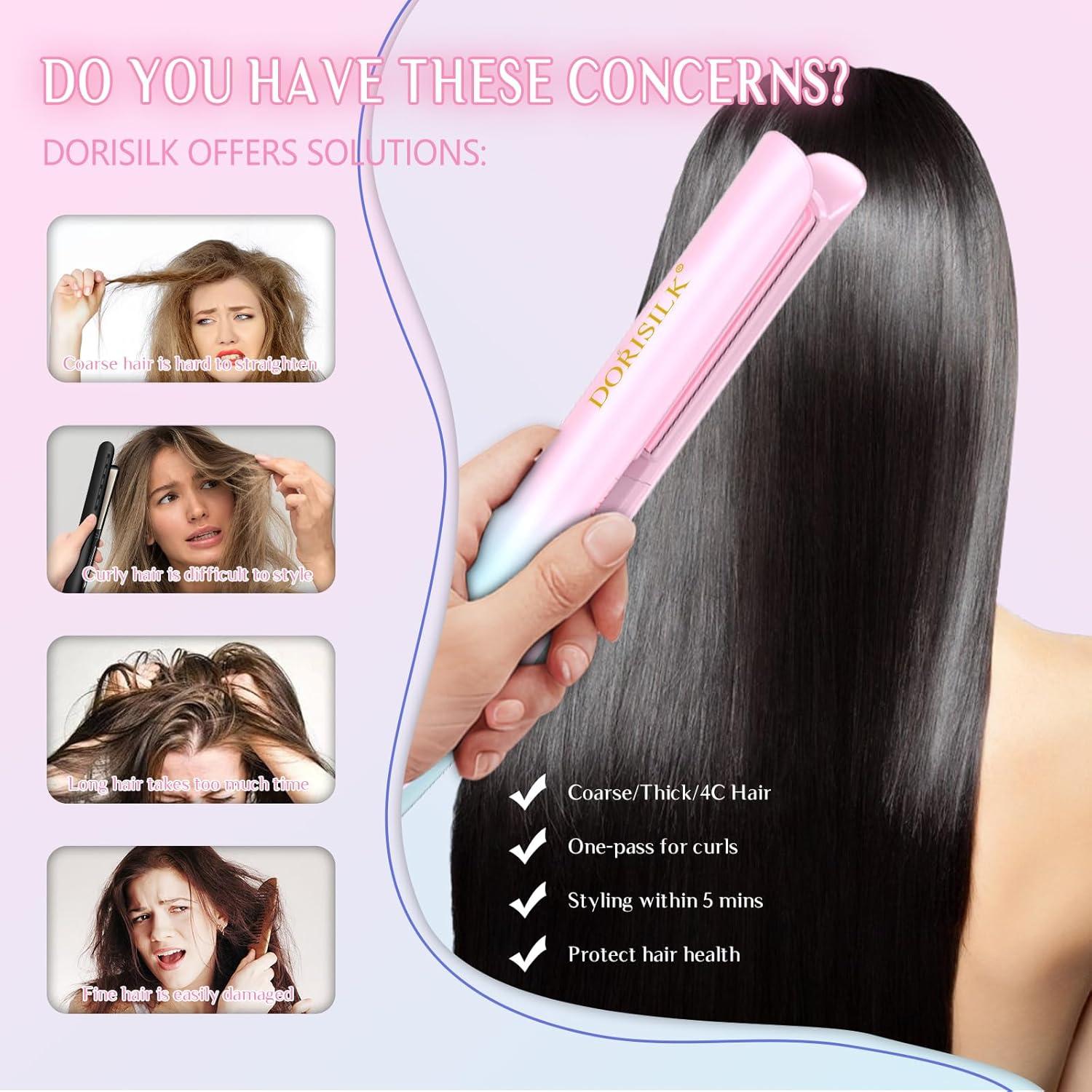 DORISILK 470°F Hair Straightener Colorful Light, Dual Voltage Flat Iron for European Travel, 1" Professional Salon Ceramic Straightening and Curling Iron Smooth Tech 30s Fast Heat Gift for Women Girls