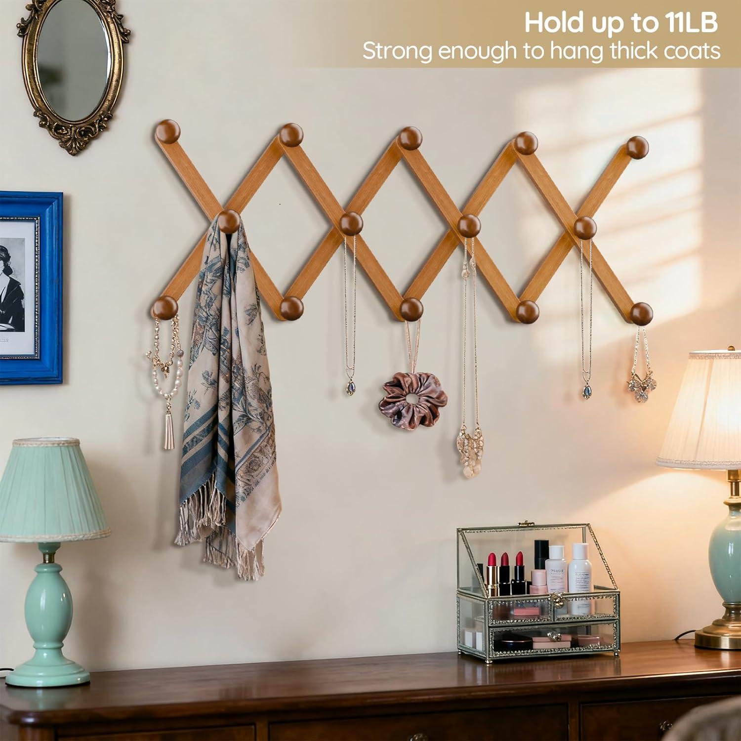 Perchero Expandible WGFKVAS de Madera con 14 Ganchos para Pared