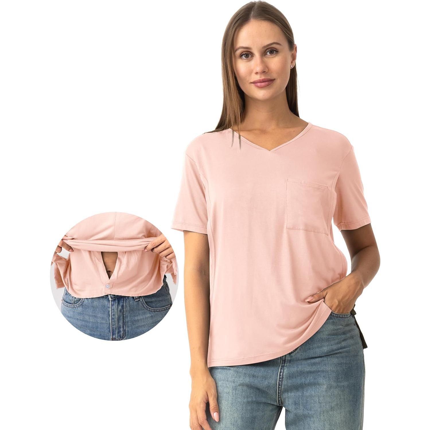 Camiseta de Lactancia Doble Capa SUNNYBUY Rosa Claro Mediana