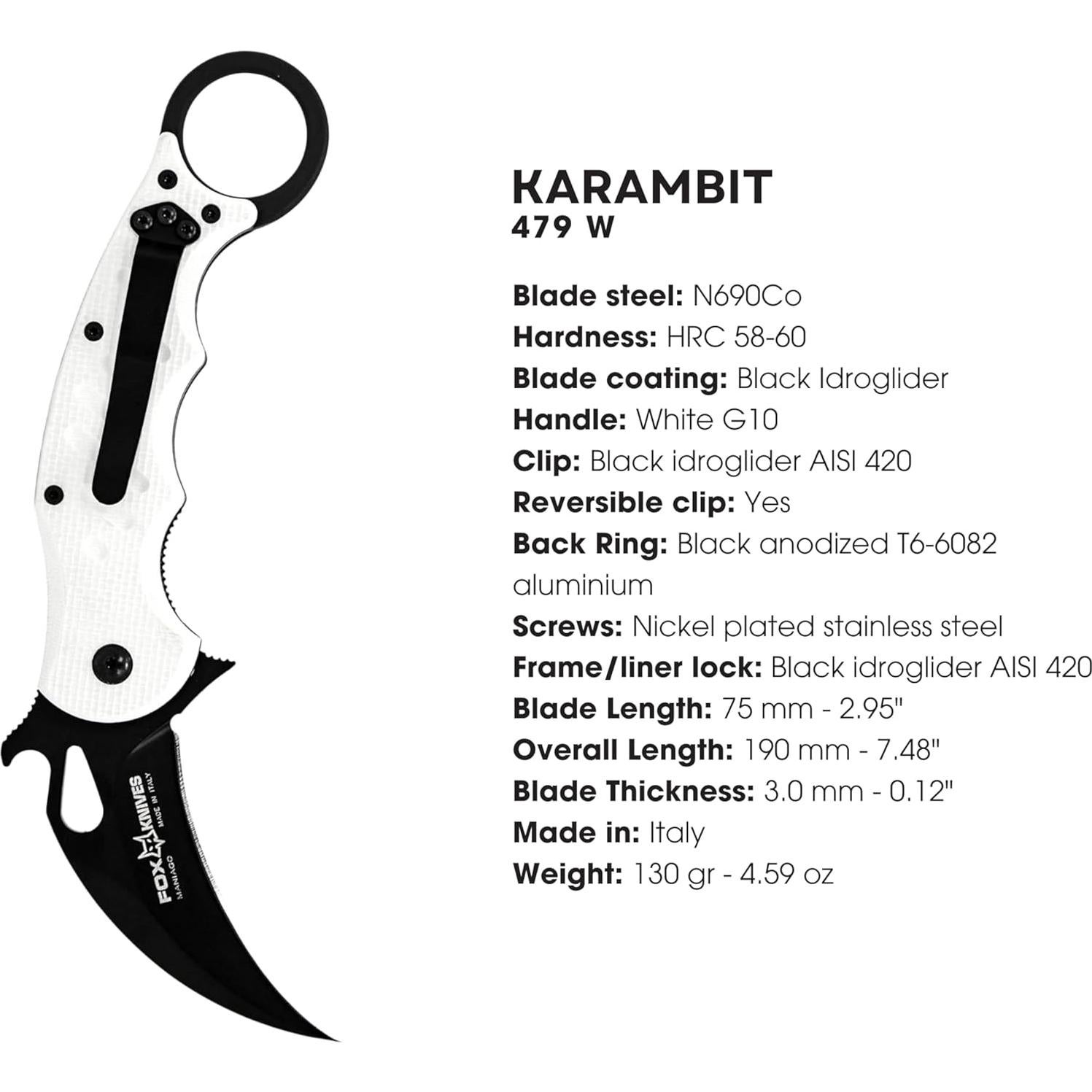 Cuchillo Karambit Plegable Fox 479 W G10 Blanco Táctico