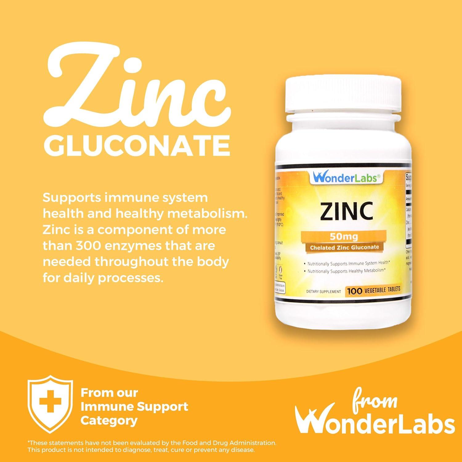 Gluconato de Zinc Quelado 50 mg Wonder Laboratories - 100 Tabletas Vegetarianas