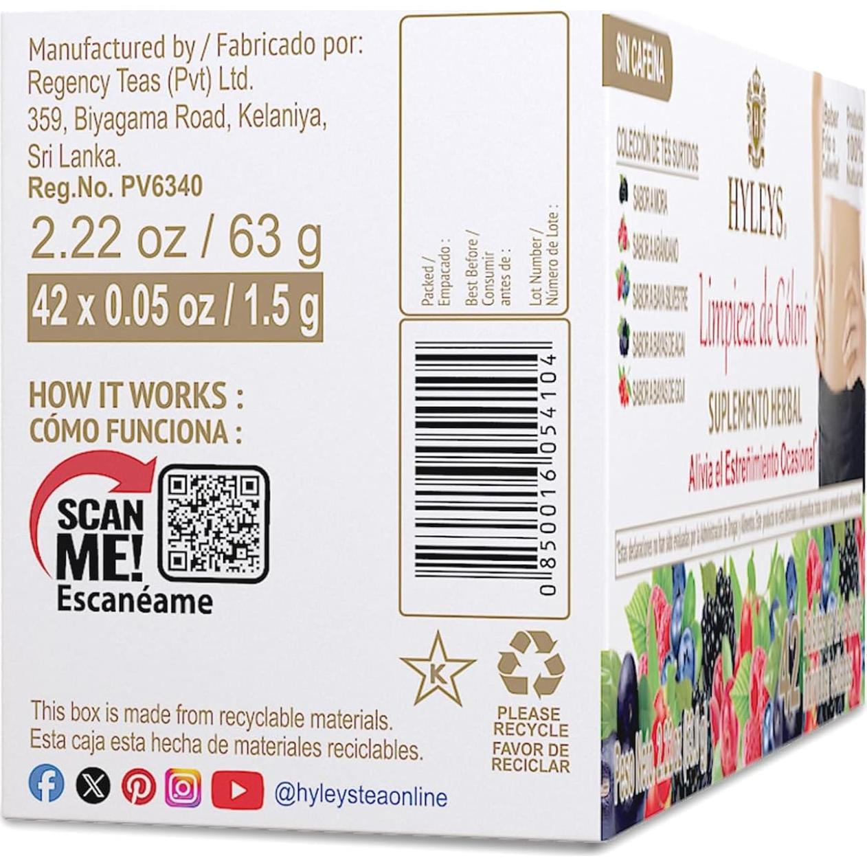 Té Herbal de Limpieza de Colon Hyleys - 42 Bolsitas Sin Cafeína