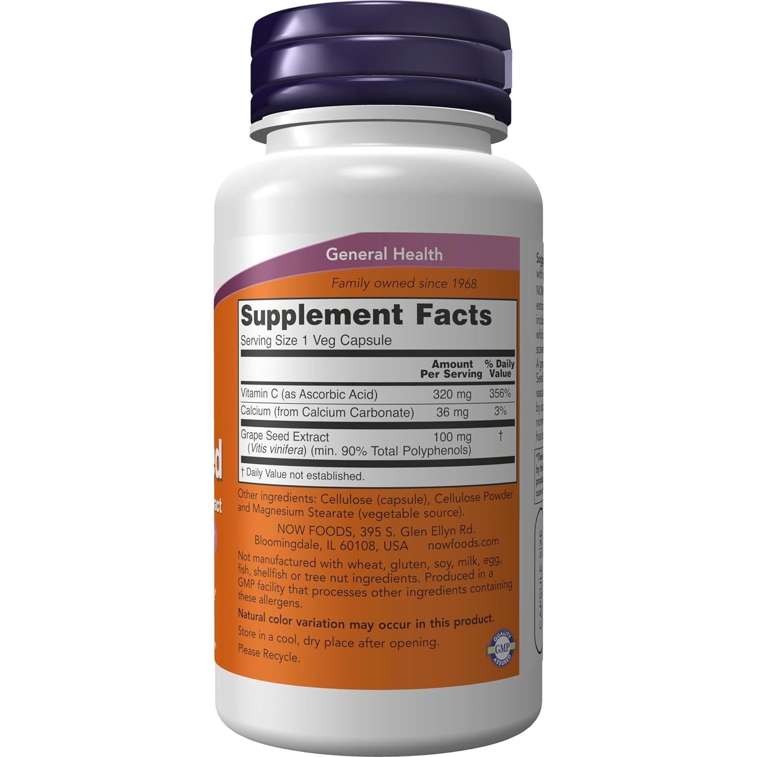 NOW Extracto de Semilla de Uva 100 mg con Vitamina C - 100 Cápsulas Veganas