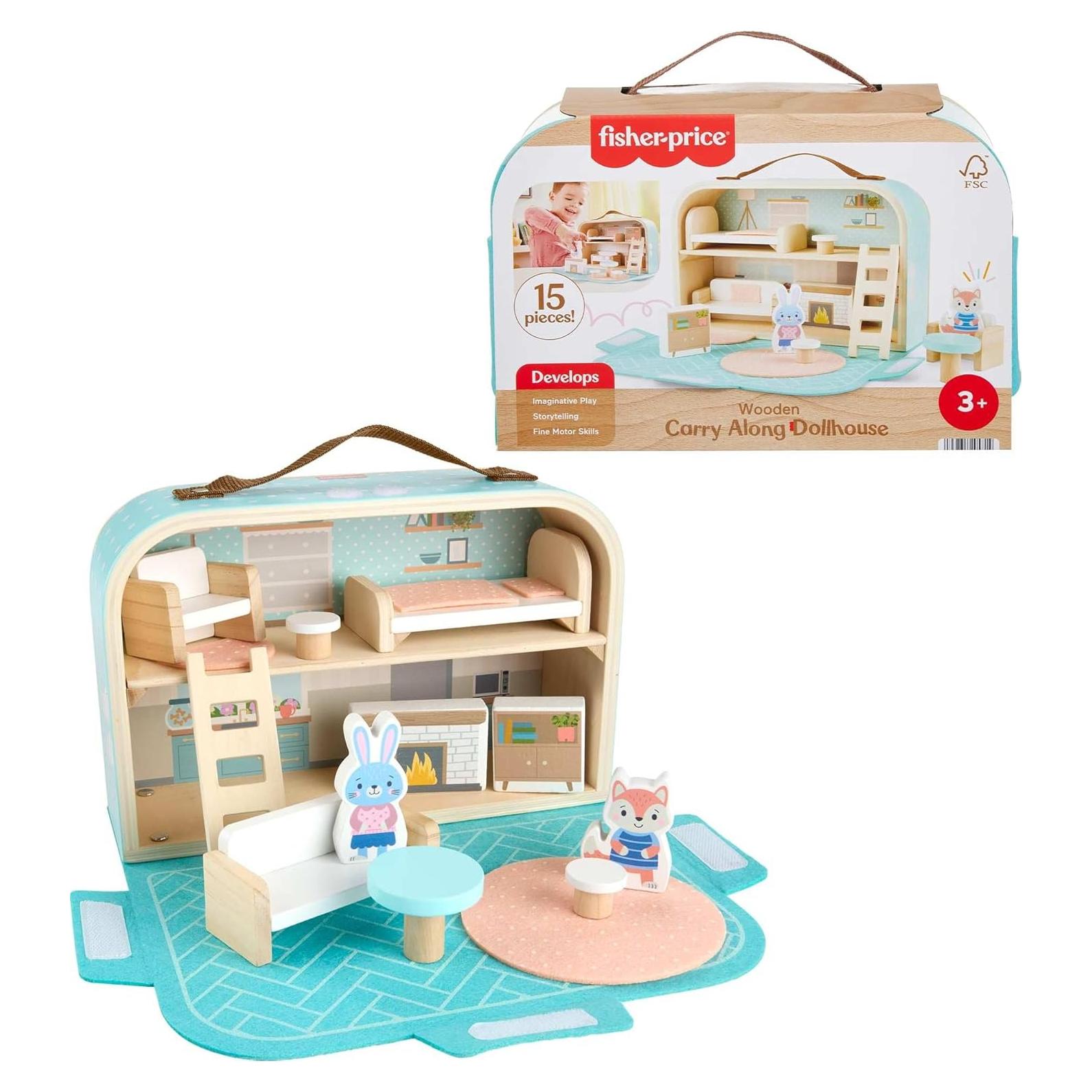 Casa de Muñecas de Madera Fisher-Price 15 Piezas Portátil