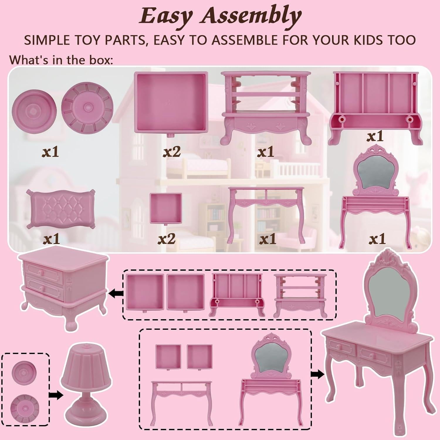 Conjunto de Muebles para Casa de Muñecas Hopelj - Tocador Rosa